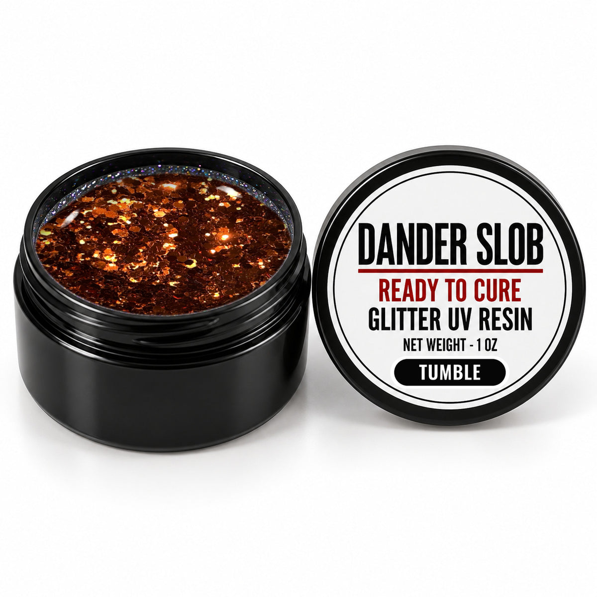 Craft Bully Dander Slob Tumble glitter UV resin in a 1 oz black jar.