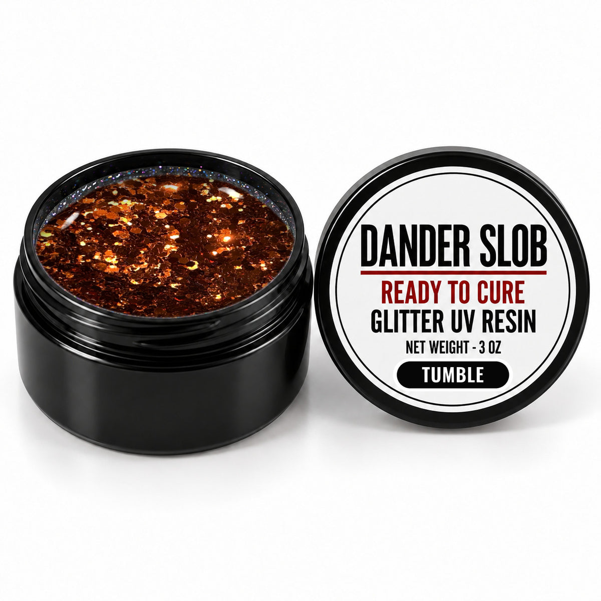 Craft Bully Dander Slob Tumble glitter UV resin in a 3 oz black jar.