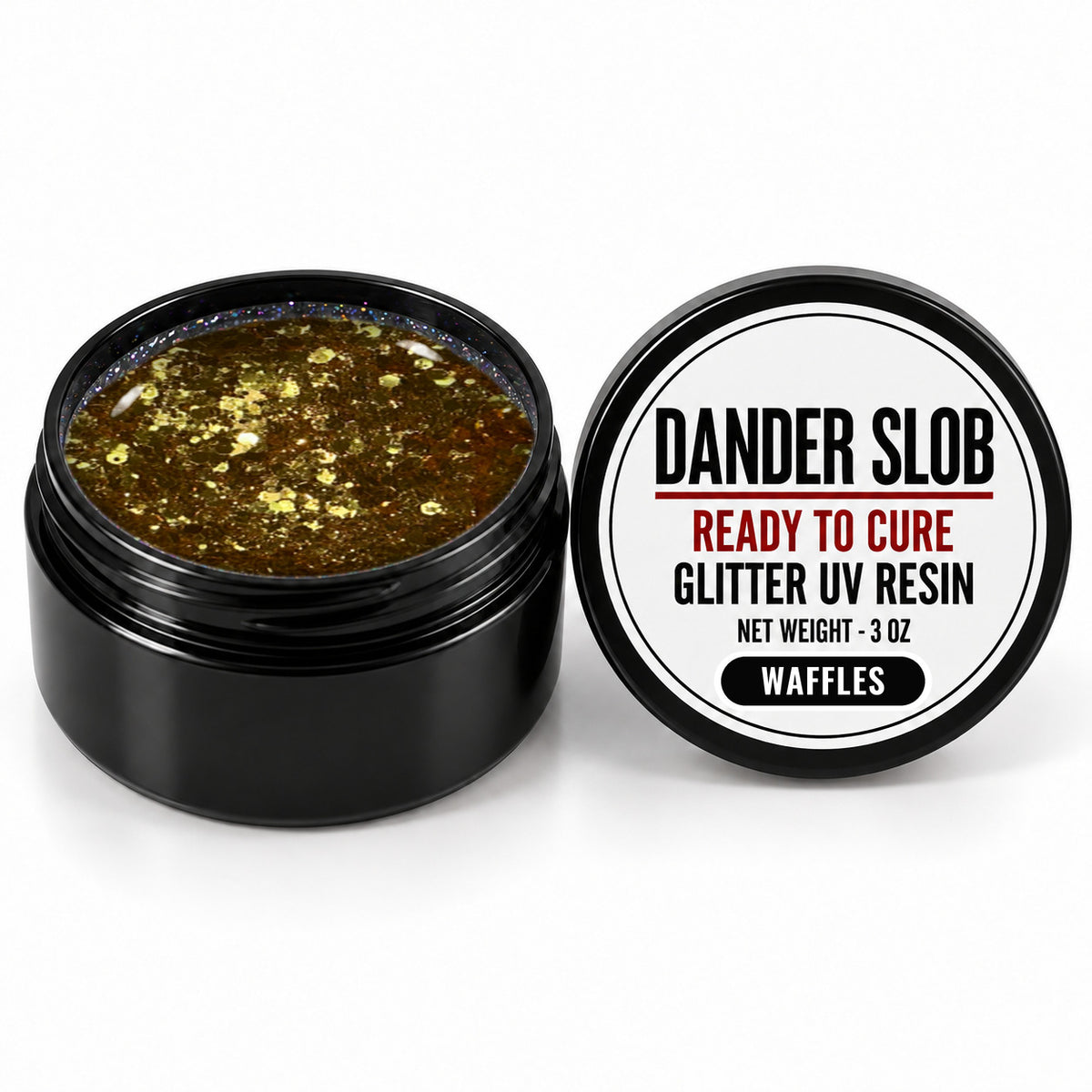 Craft Bully Dander Slob Waffles glitter UV resin in a 3 oz black jar.
