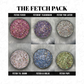 Display of glittery makeup products labeled 'The Fetch Pack' with various glitter colors.