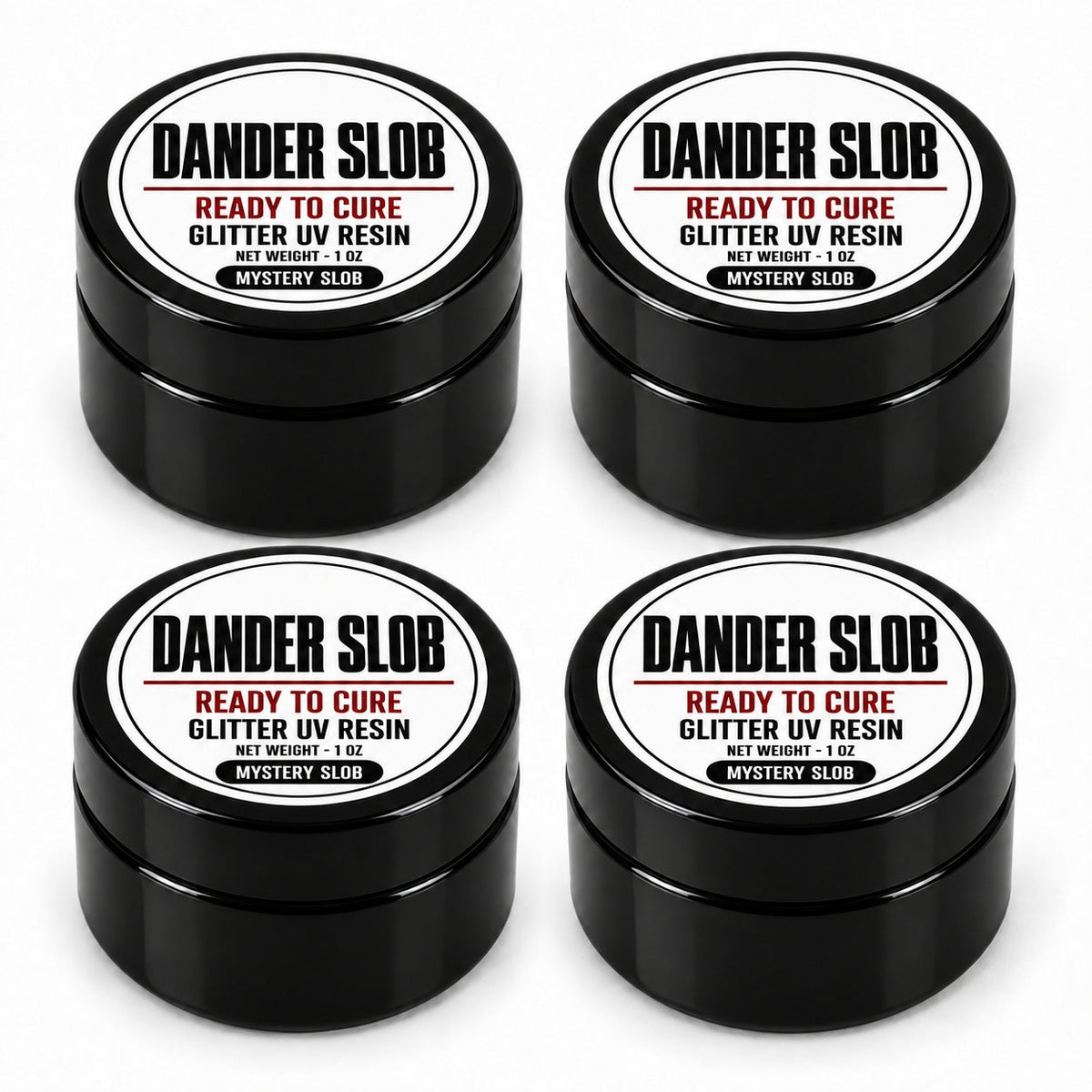 Four closed black 1 oz jars of Craft Bully Dander Slob Mystery Slob glitter UV resin.