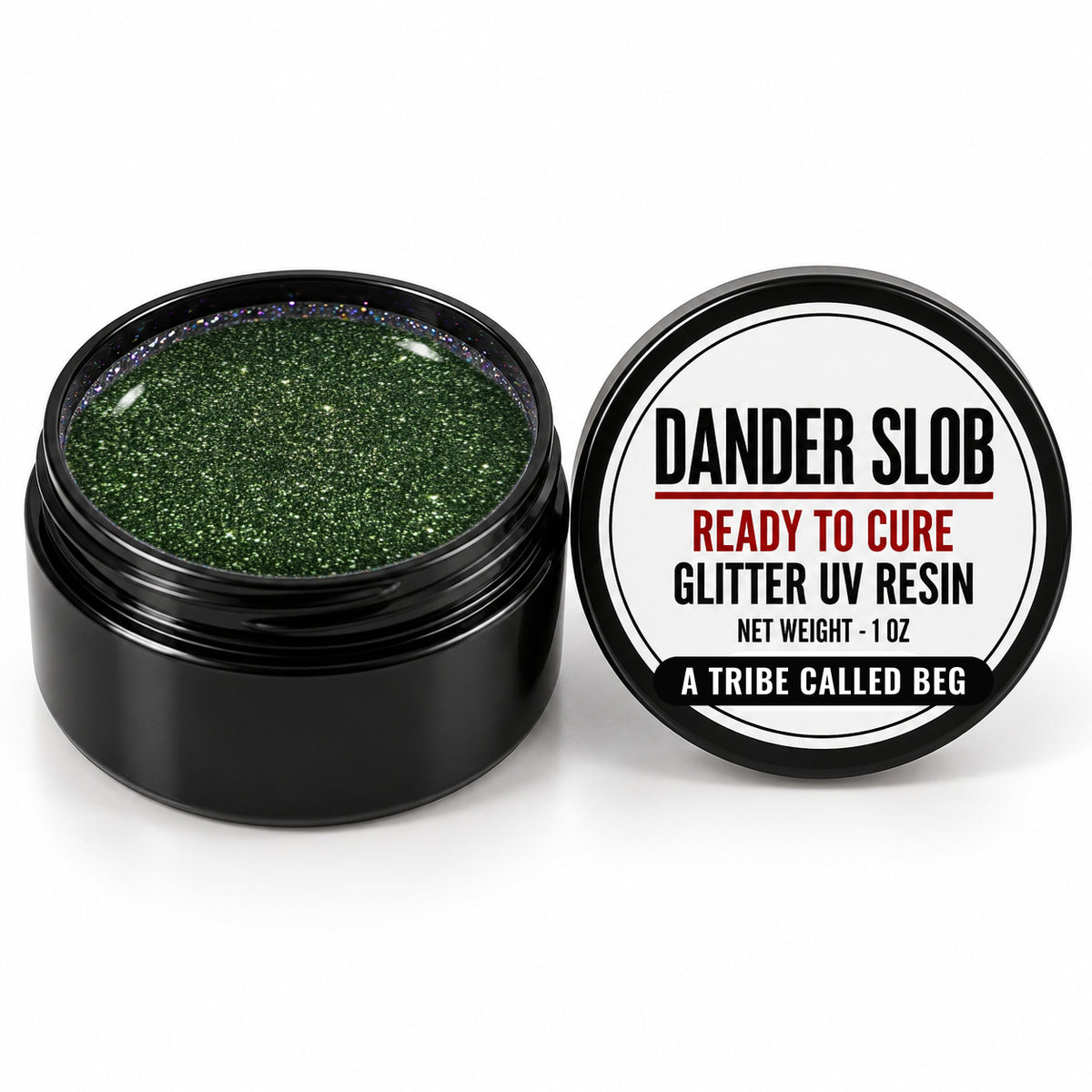 Craft Bully Dander Slob A Tribe Called Beg glitter UV resin in a 1 oz black jar.