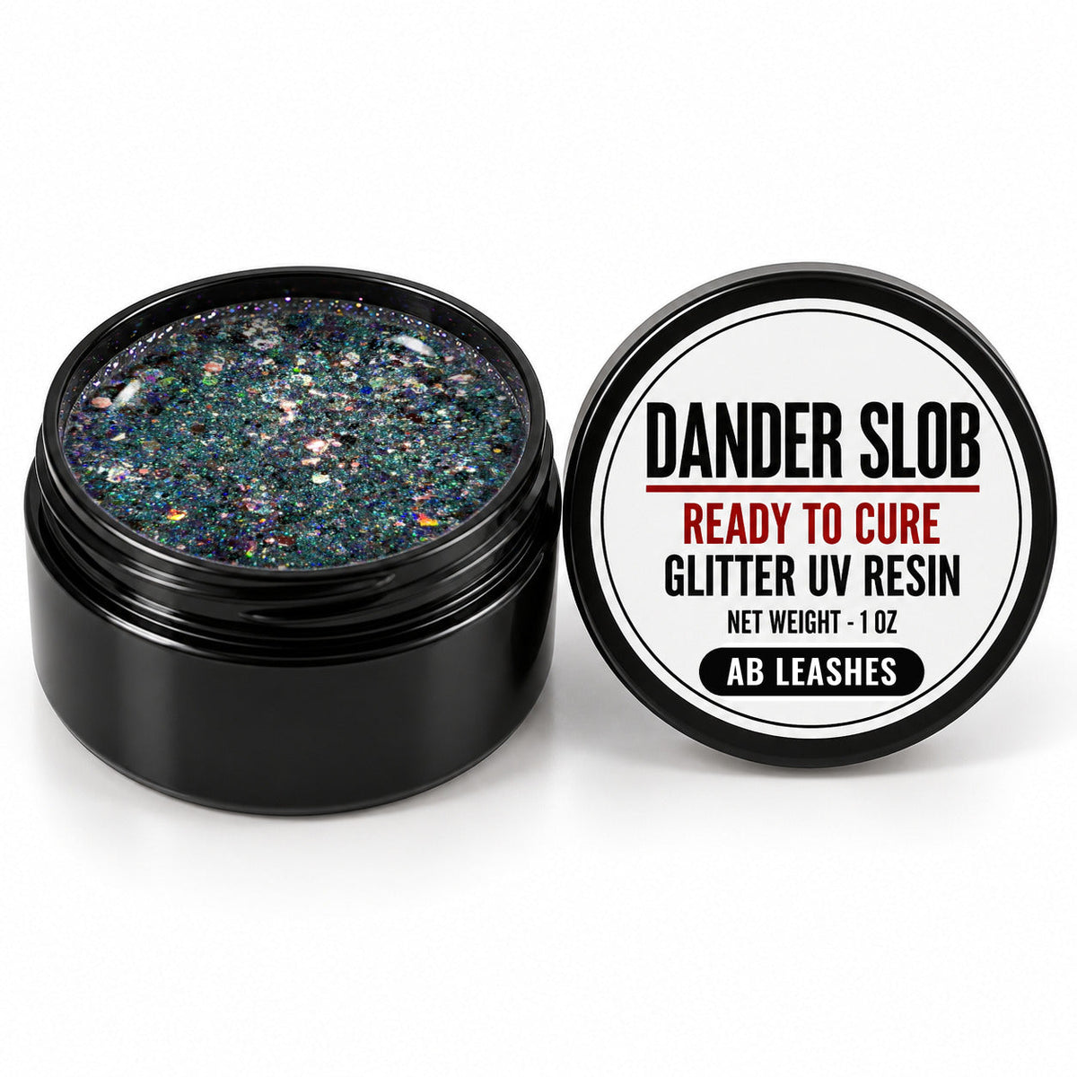 Craft Bully Dander Slob AB Leashes glitter UV resin in a 1 oz black jar.