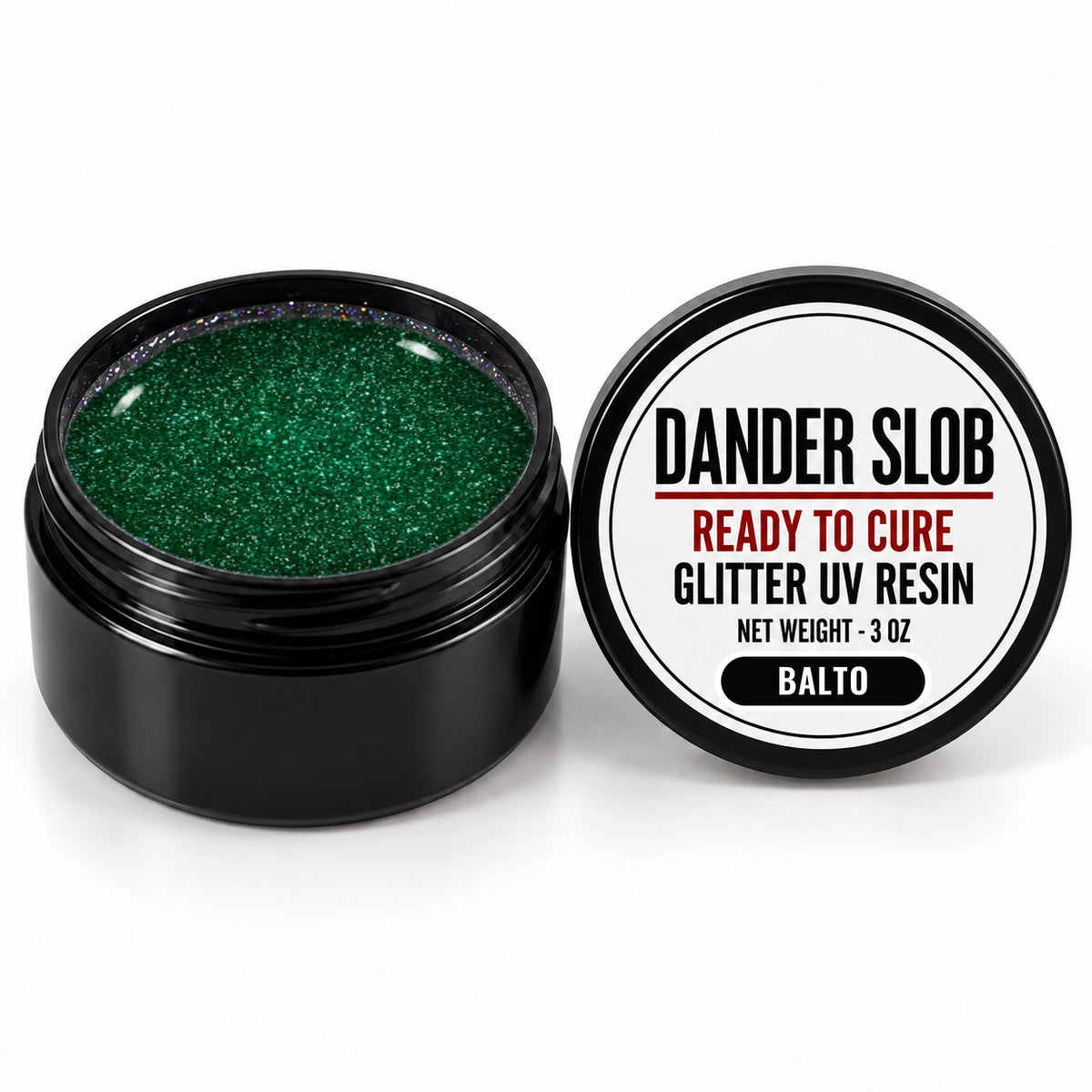 Craft Bully Dander Slob Balto glitter UV resin in a 3 oz black jar.