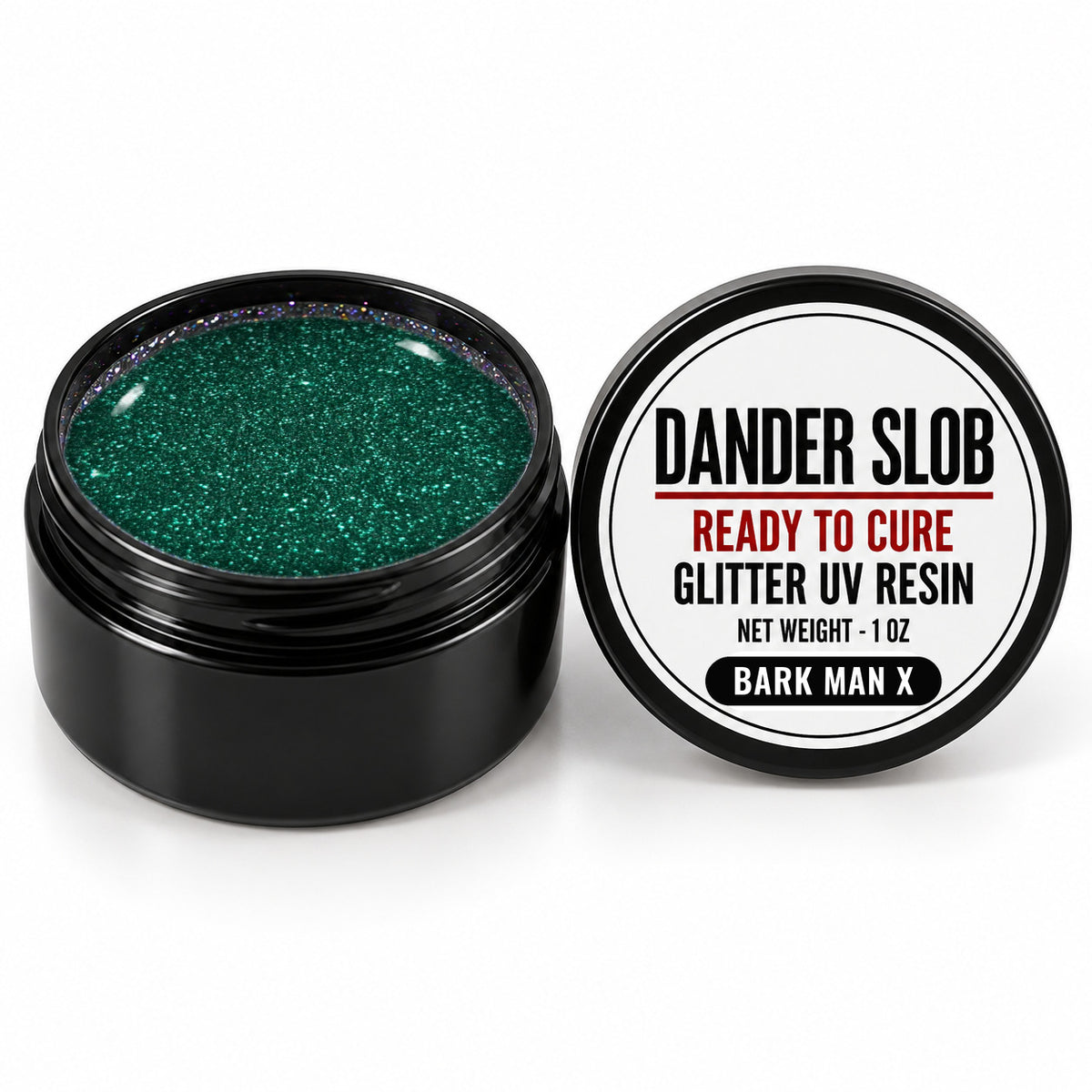 Craft Bully Dander Slob Bark Man X glitter UV resin in a 1 oz black jar.