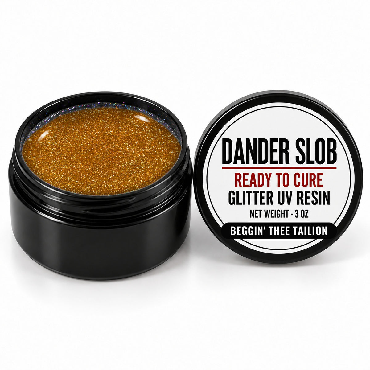 Craft Bully Dander Slob Beggin' Thee Tailion glitter UV resin in a 3 oz black jar.