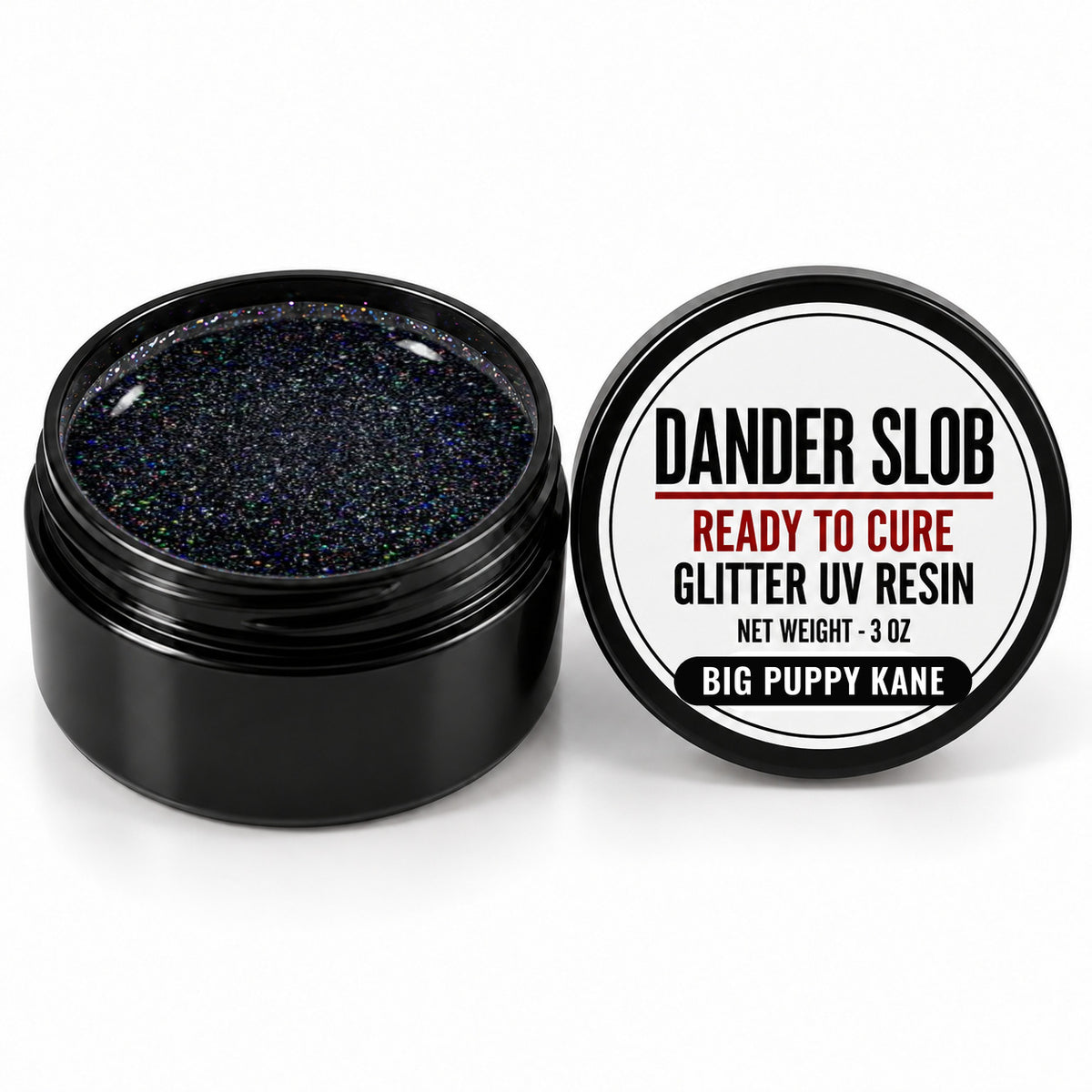 Craft Bully Dander Slob Big Puppy Kane glitter UV resin in a 3 oz black jar.