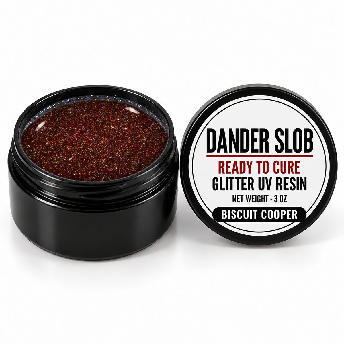 Craft Bully Dander Slob Biscuit Cooper glitter UV resin in a 3 oz black jar.
