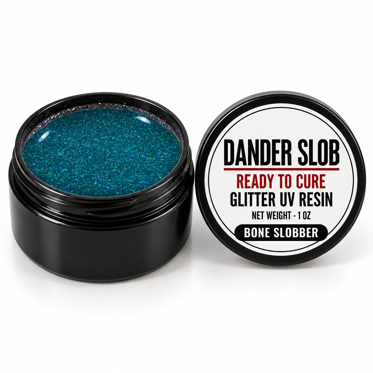 Craft Bully Dander Slob Bone Slobber glitter UV resin in a 1 oz black jar.