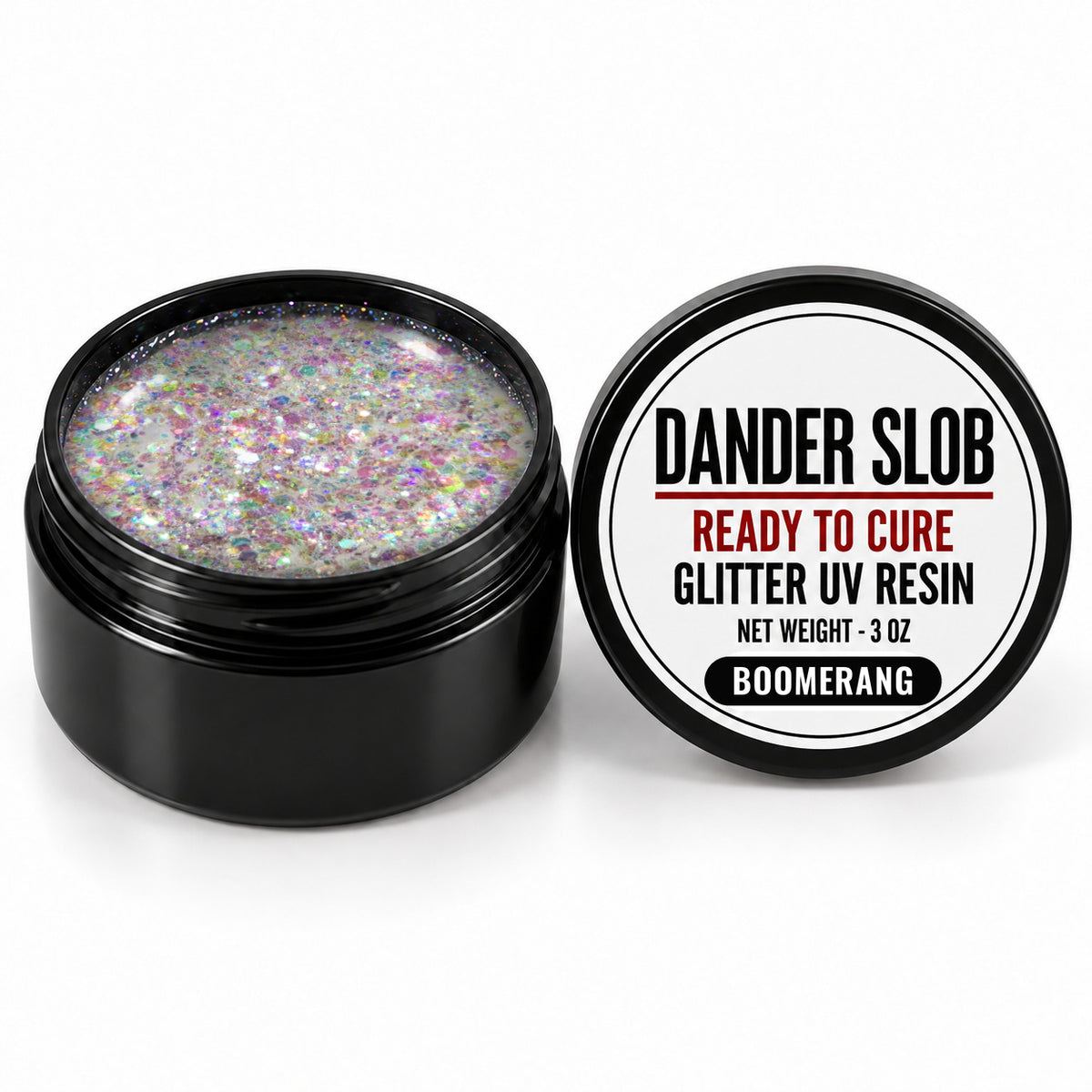 Craft Bully Dander Slob Boomerang glitter UV resin in a 3 oz black jar.