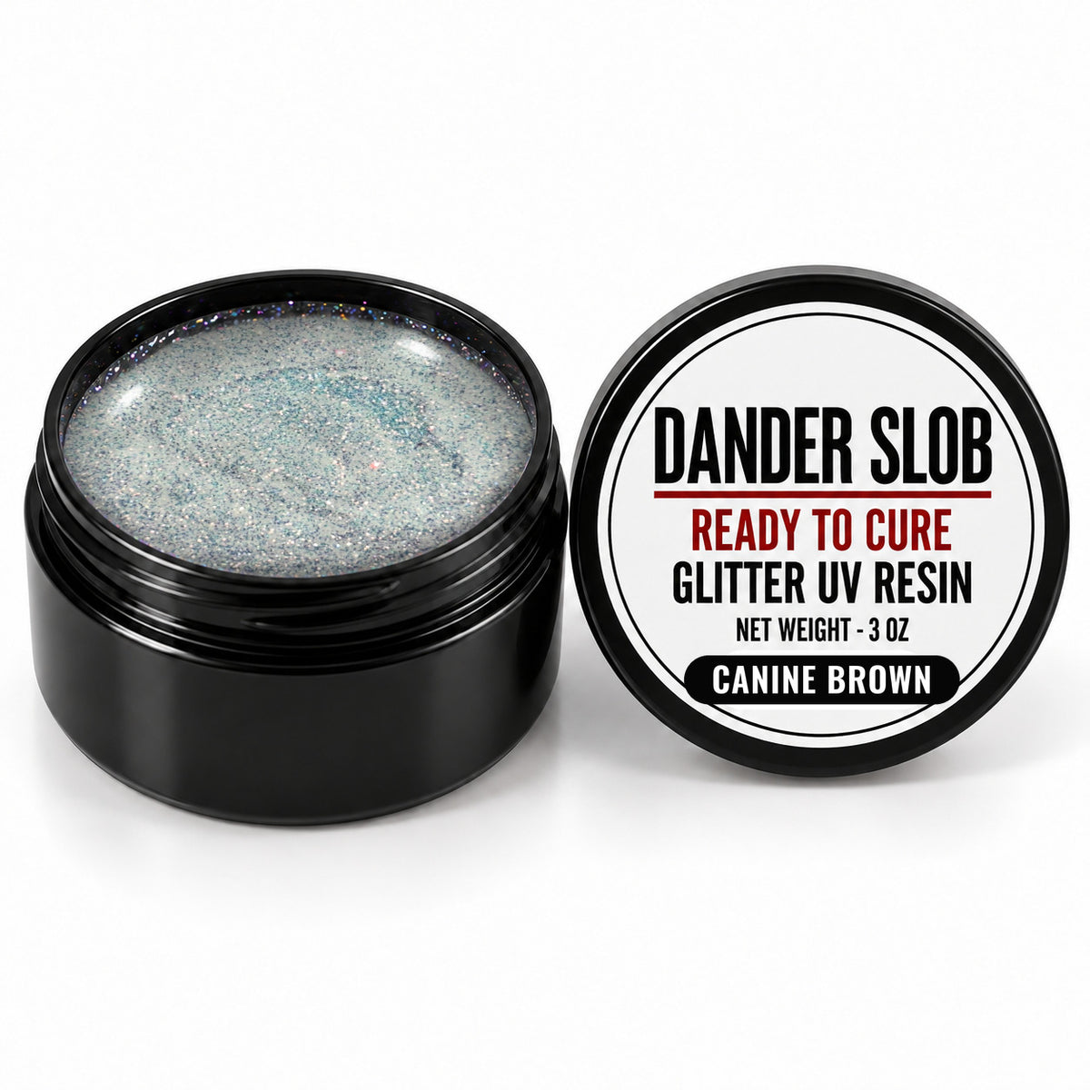 Craft Bully Dander Slob Canine Brown glitter UV resin in a 3 oz black jar.