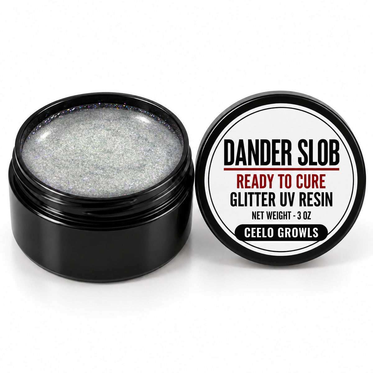 Craft Bully Dander Slob Ceelo Growls glitter UV resin in a 3 oz black jar.