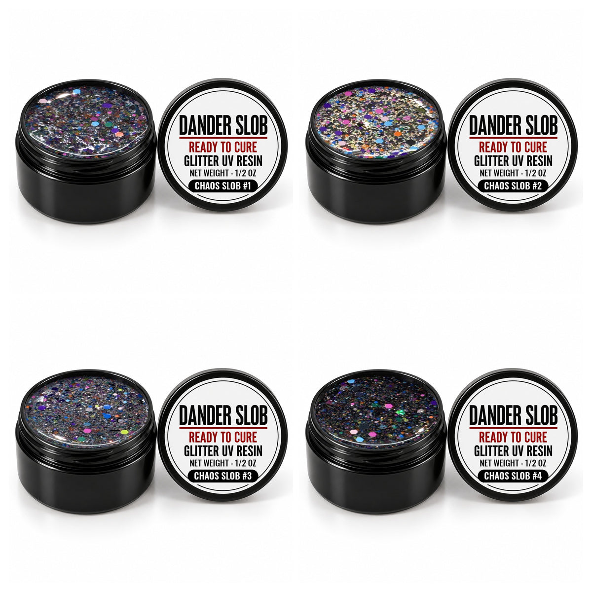 Chaos Slob All 4 Pack – Dander Slob exclusive chunky glitter UV resin, 4 x 1/2 oz jars – Craft Bully