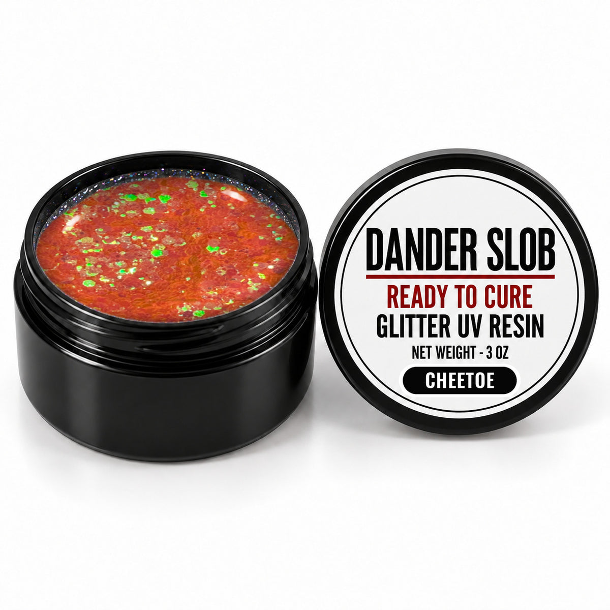 Craft Bully Dander Slob Cheetoe glitter UV resin in a 3 oz black jar.