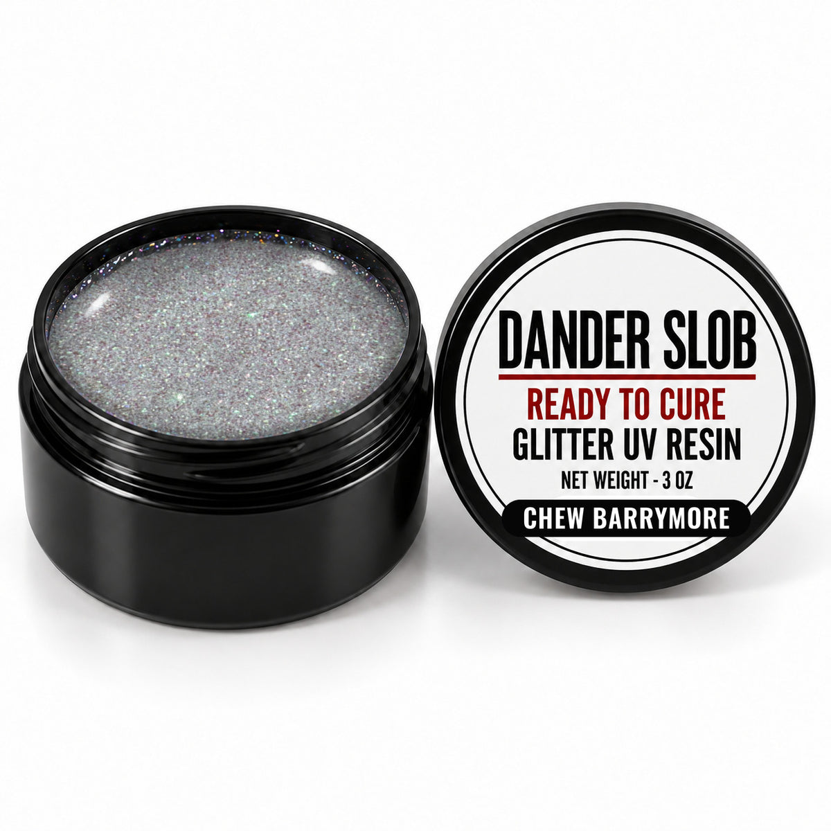 Craft Bully Dander Slob Chew Barrymore glitter UV resin in a 3 oz black jar.