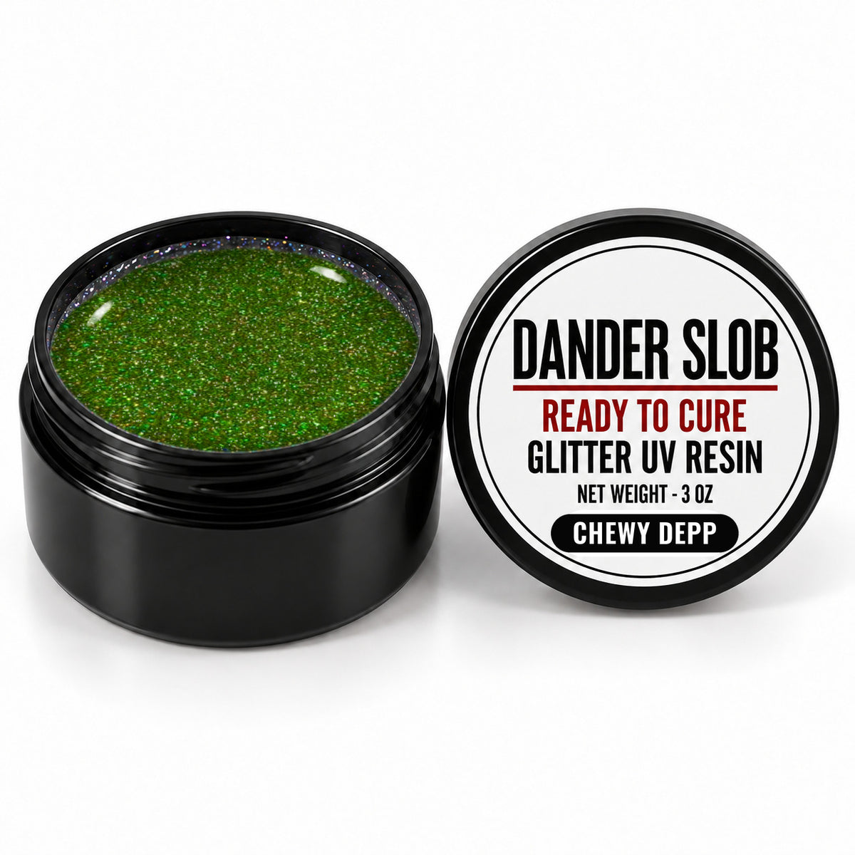 Craft Bully Dander Slob Chewy Depp glitter UV resin in a 3 oz black jar.
