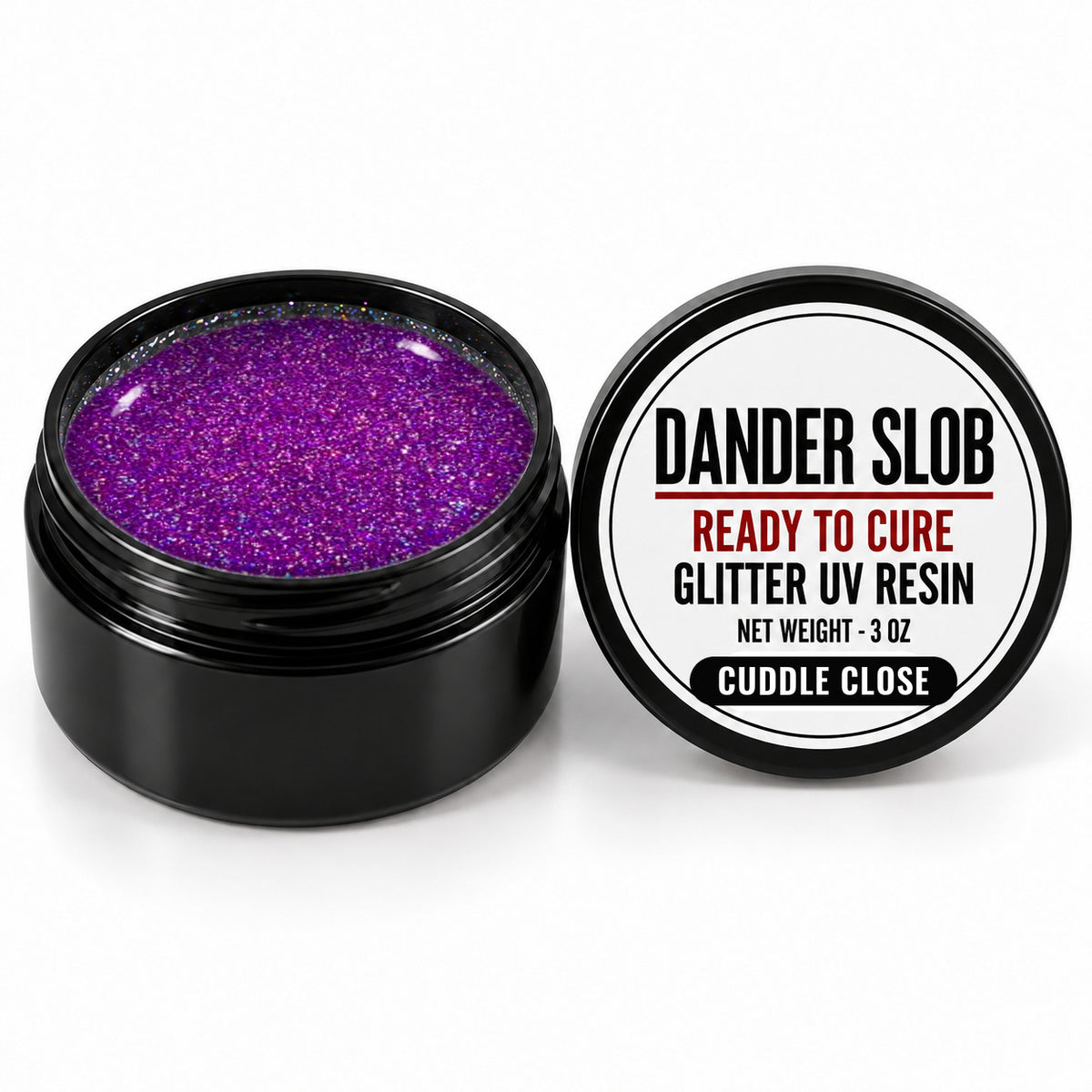 Craft Bully Dander Slob Cuddle Close glitter UV resin in a 3 oz black jar.