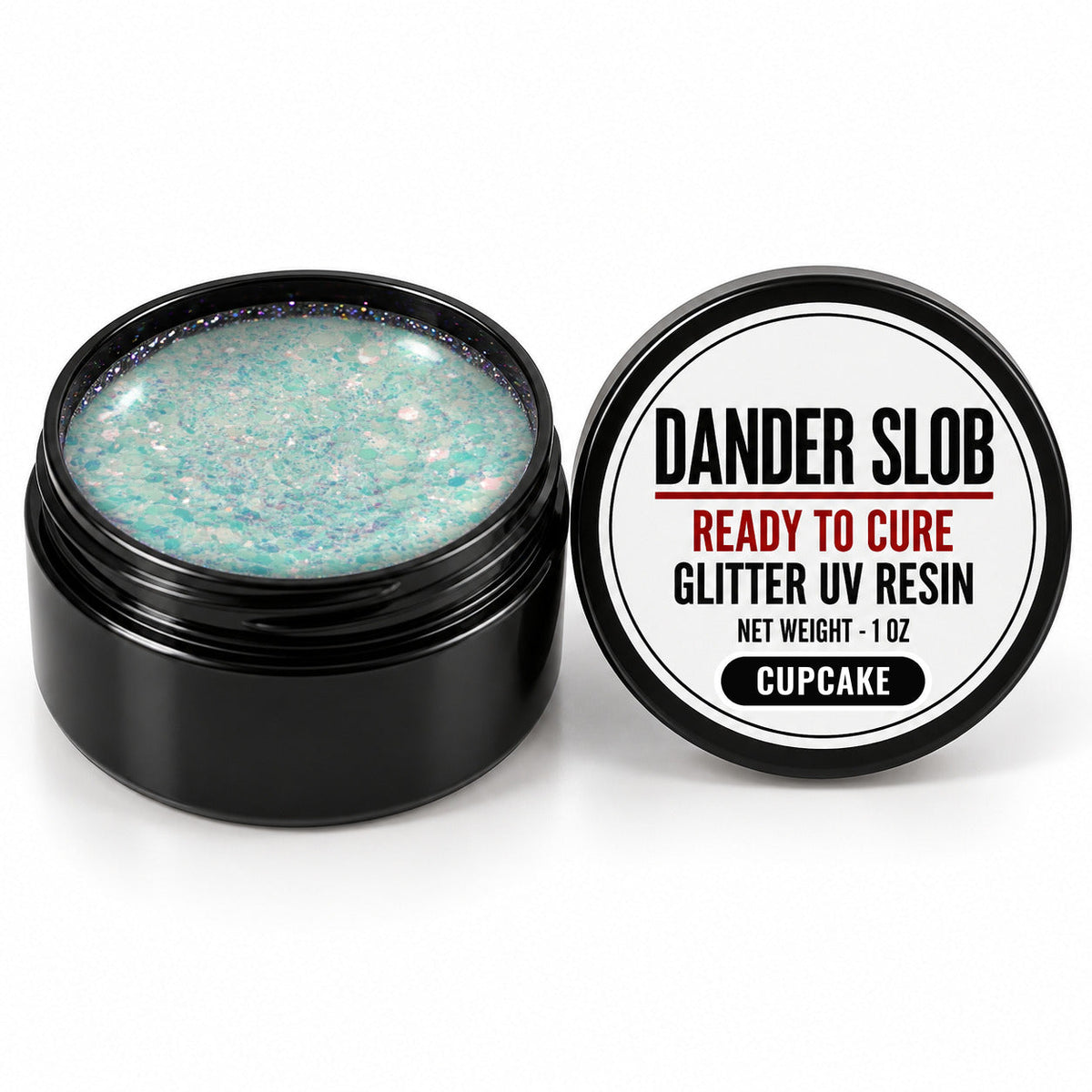 Craft Bully Dander Slob Cupcake glitter UV resin in a 1 oz black jar.