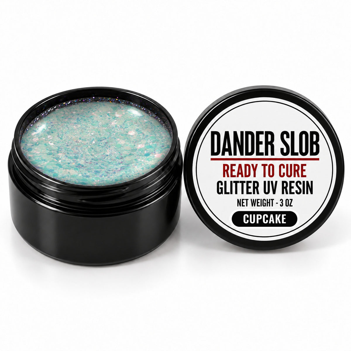 Craft Bully Dander Slob Cupcake glitter UV resin in a 3 oz black jar.