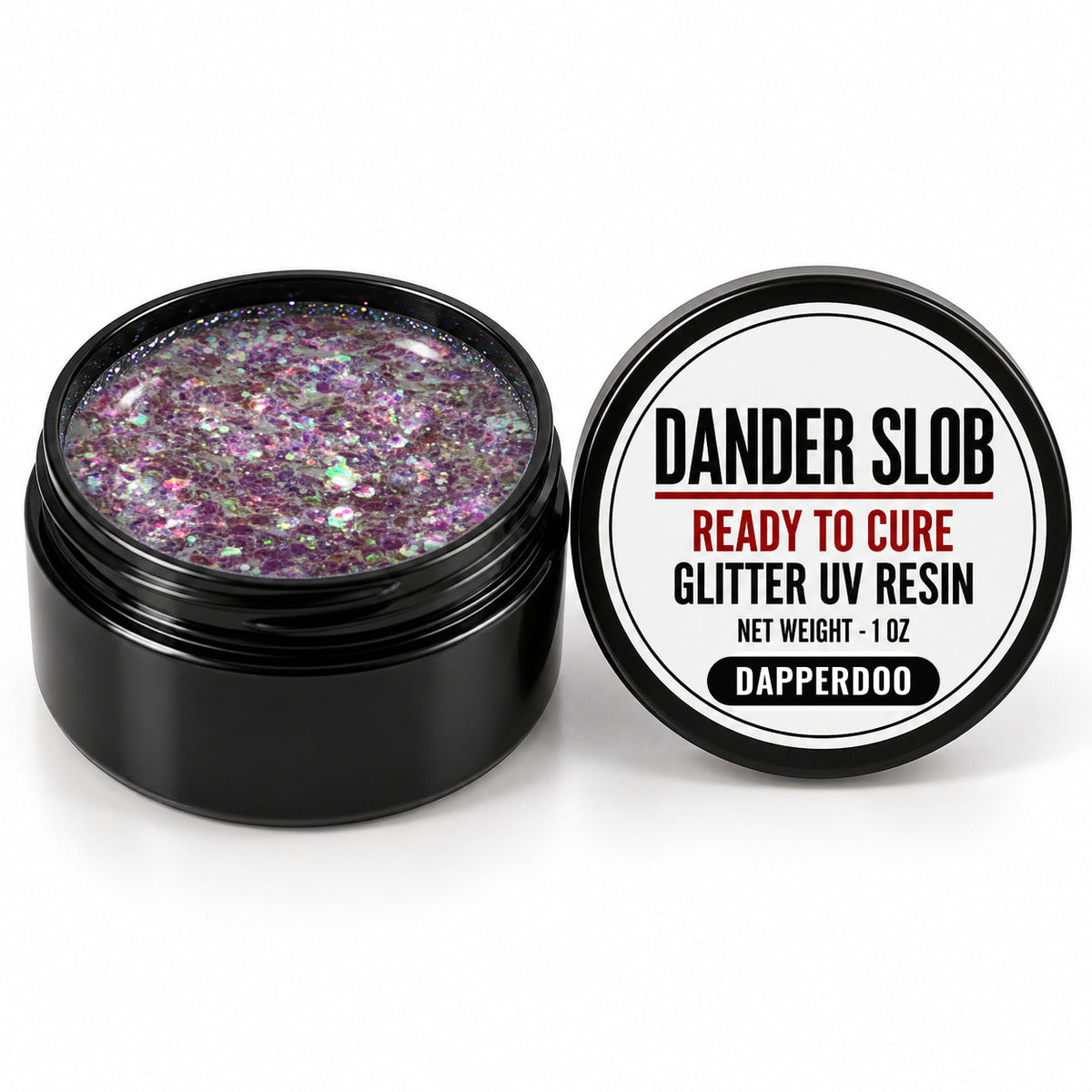 Craft Bully Dander Slob Dapperdoo glitter UV resin in a 1 oz black jar.