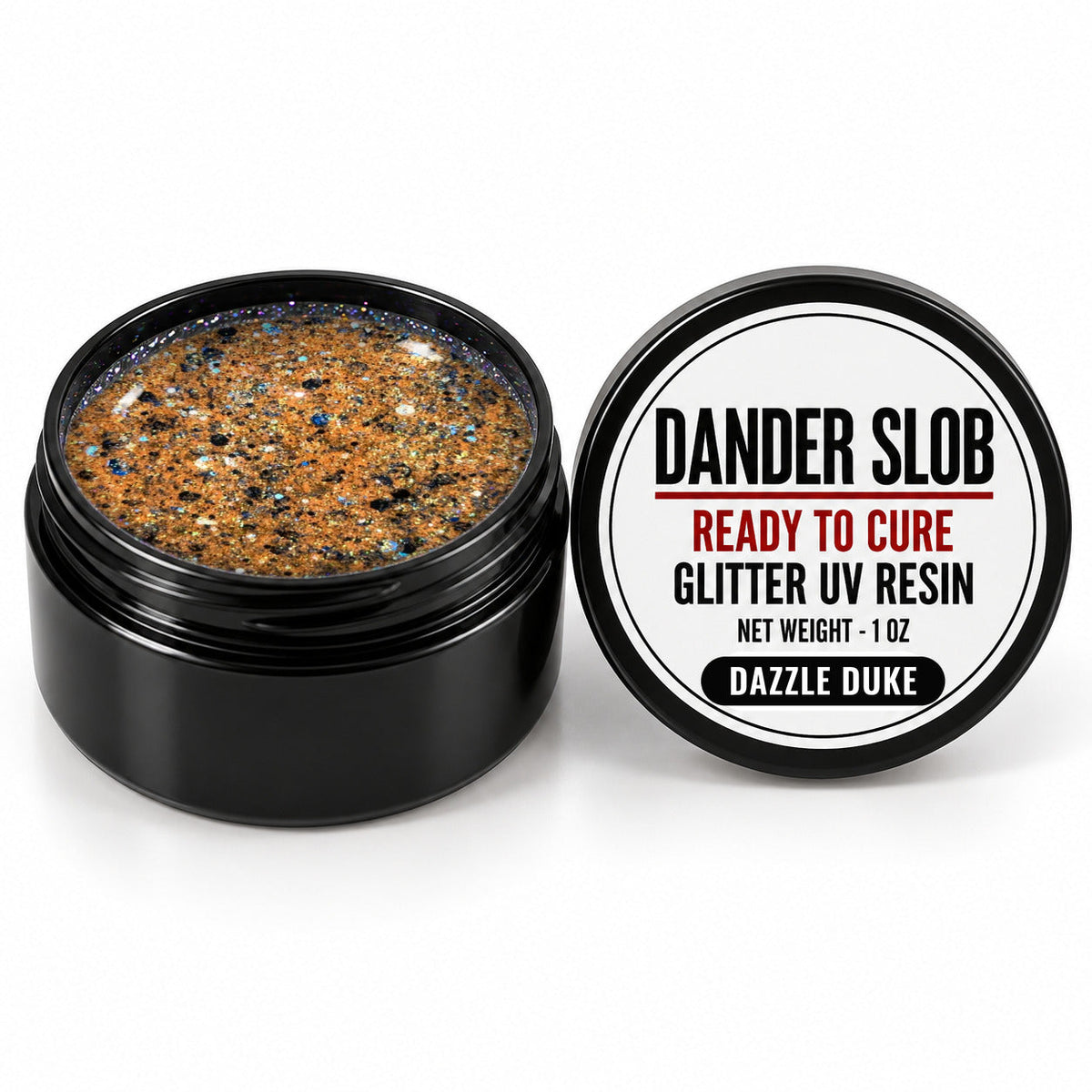Craft Bully Dander Slob Dazzle Duke glitter UV resin in a 1 oz black jar.