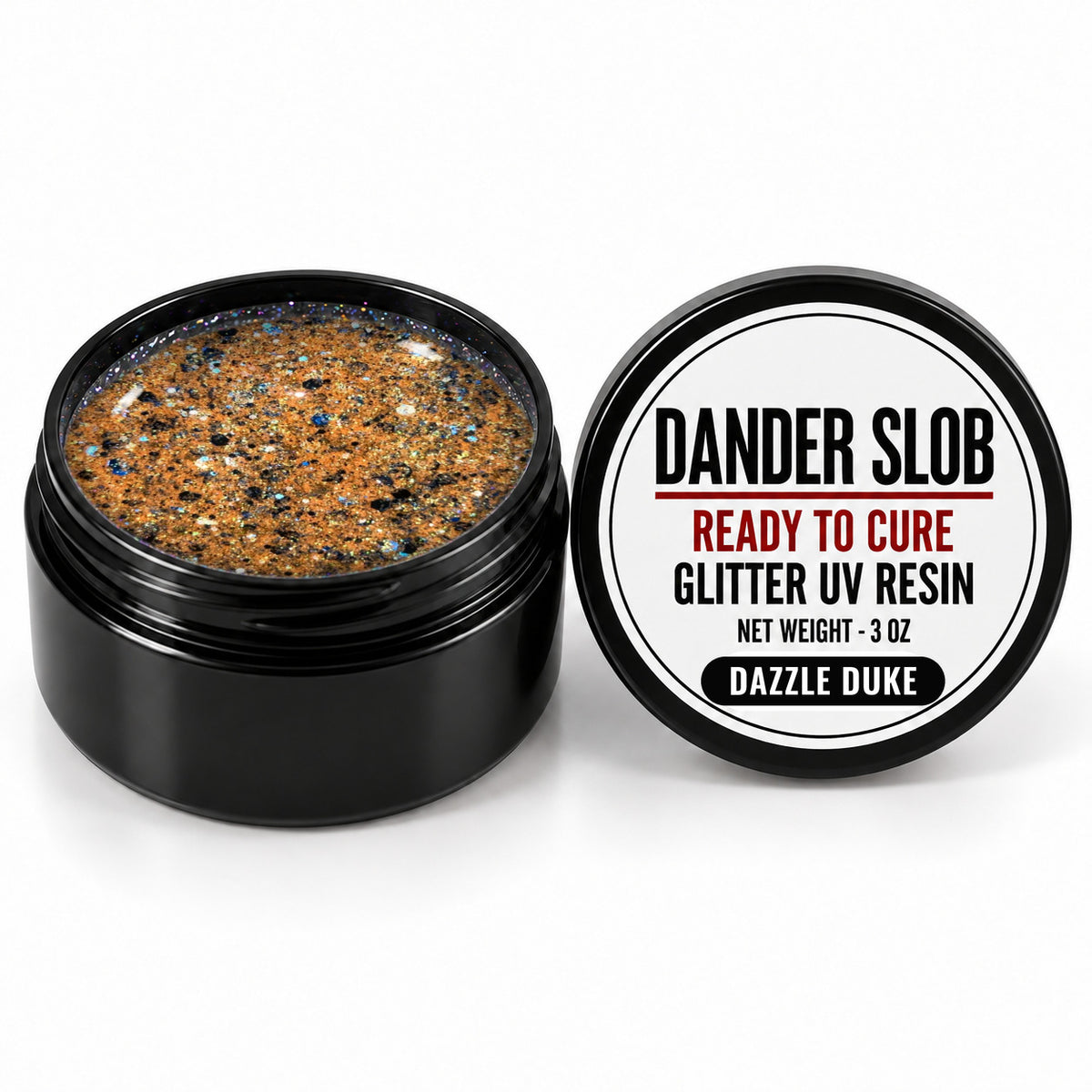 Craft Bully Dander Slob Dazzle Duke glitter UV resin in a 3 oz black jar.