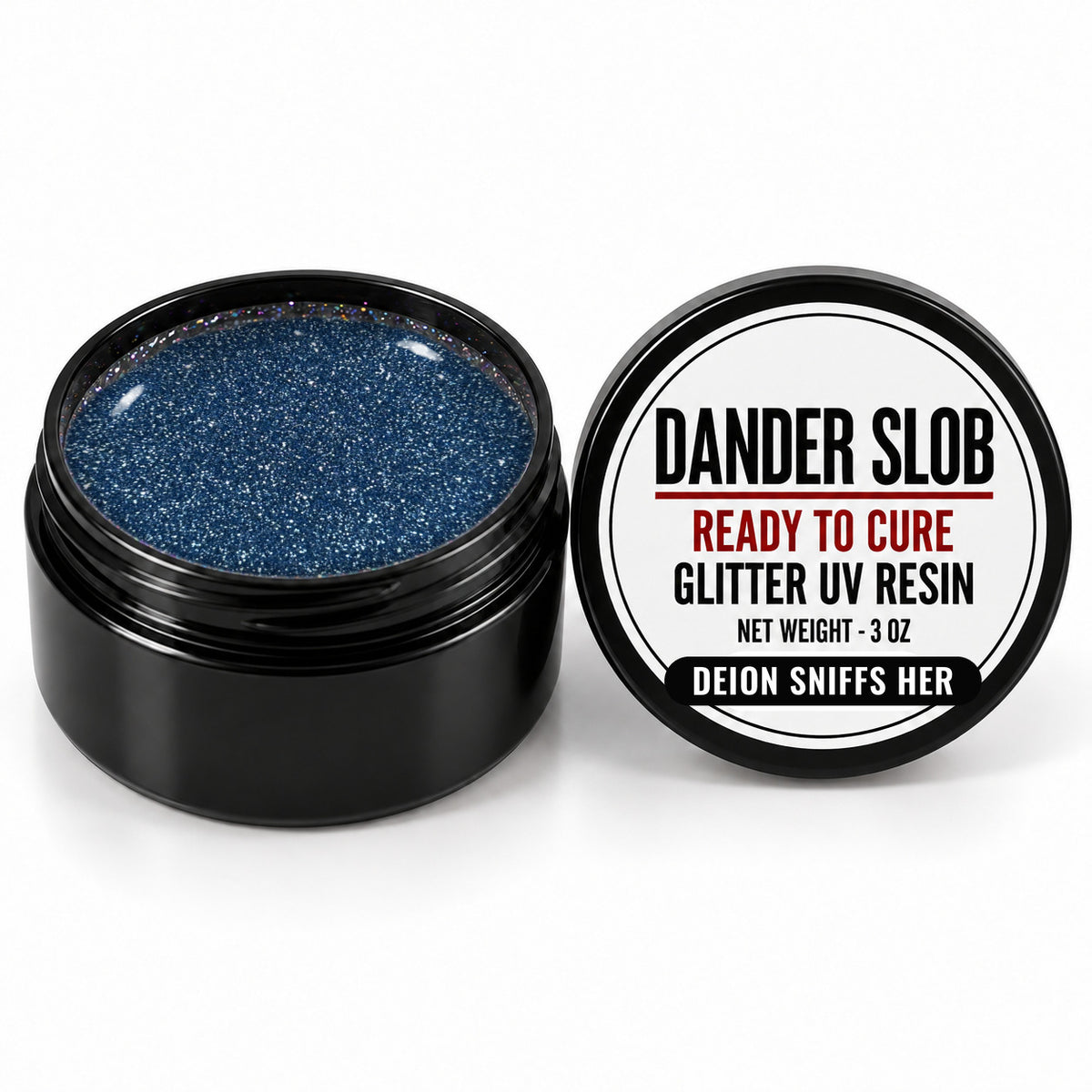 Craft Bully Dander Slob Deion Sniffs Her glitter UV resin in a 3 oz black jar.