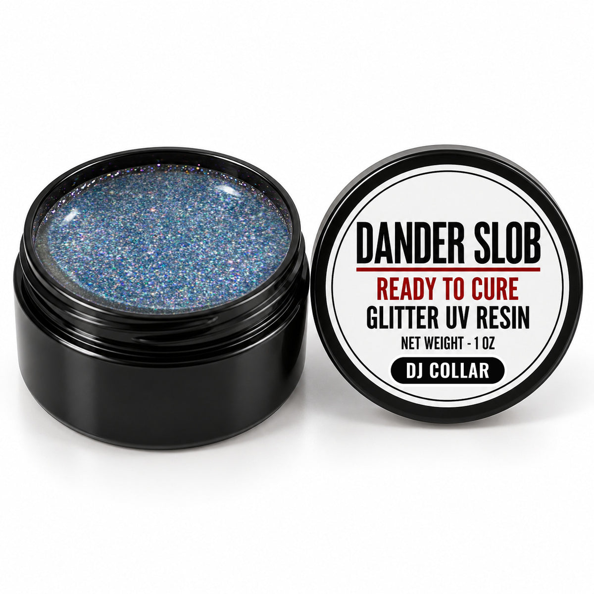 Craft Bully Dander Slob DJ Collar glitter UV resin in a 1 oz black jar.