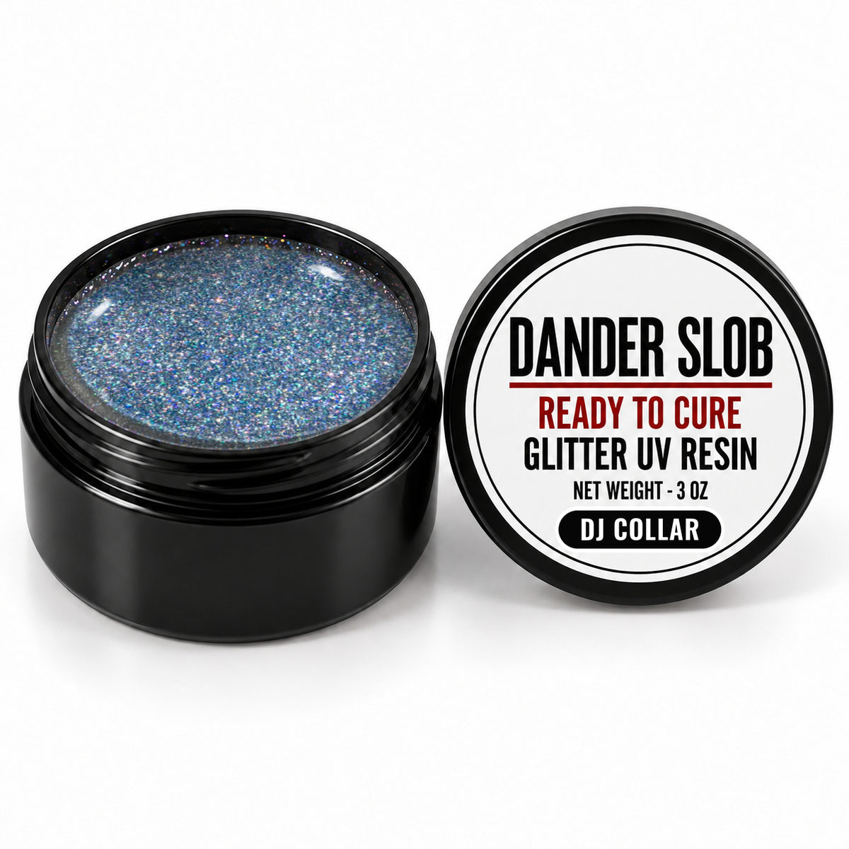 Craft Bully Dander Slob DJ Collar glitter UV resin in a 3 oz black jar.