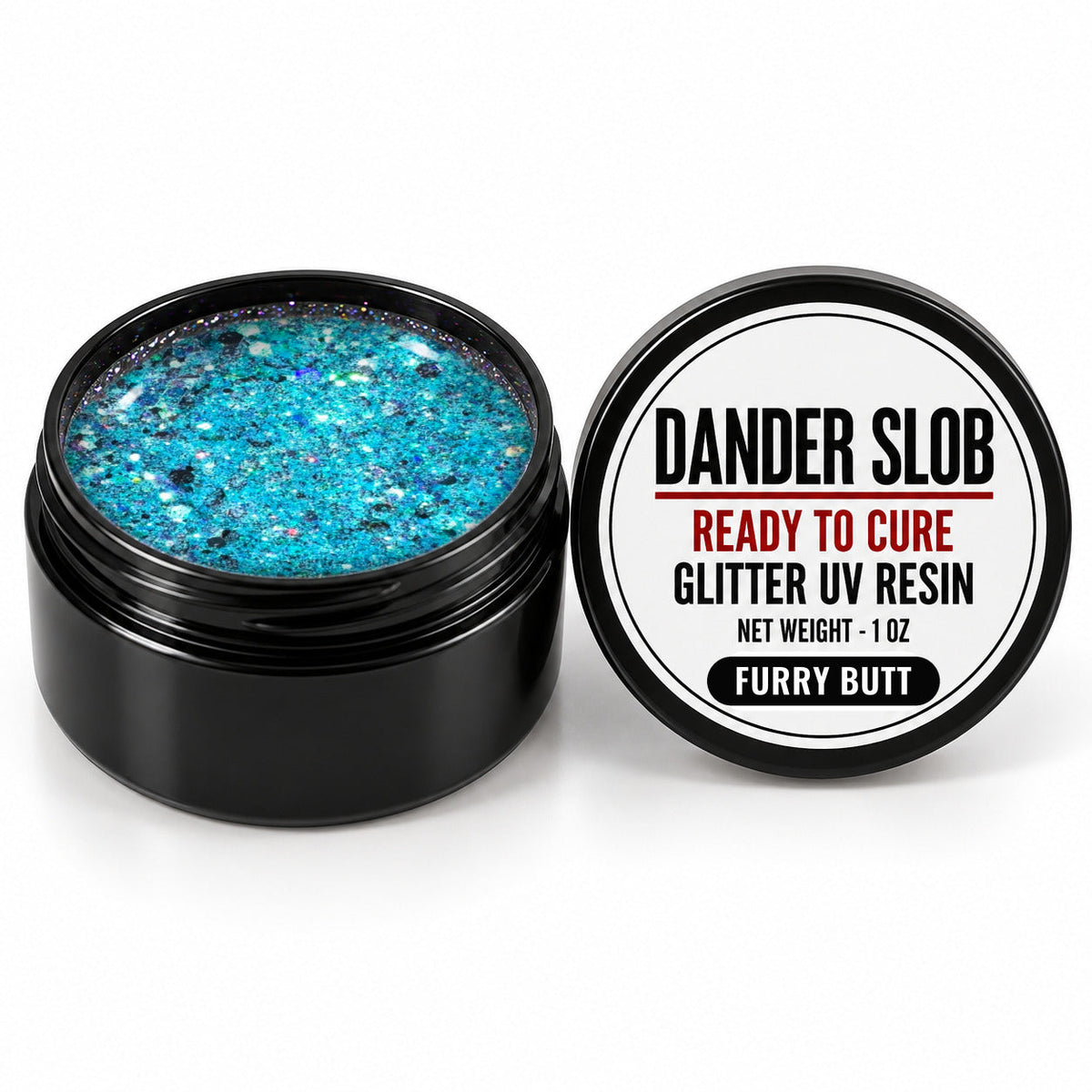 Craft Bully Dander Slob Furry Butt glitter UV resin in a 1 oz black jar.