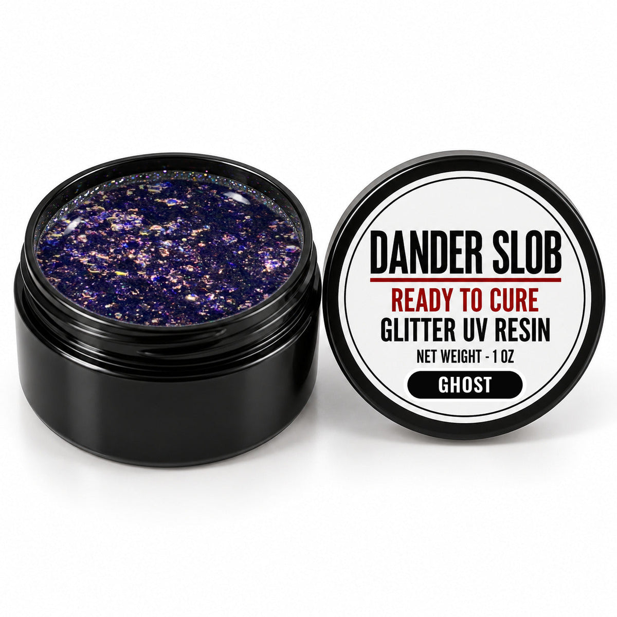 Craft Bully Dander Slob Ghost glitter UV resin in a 1 oz black jar.