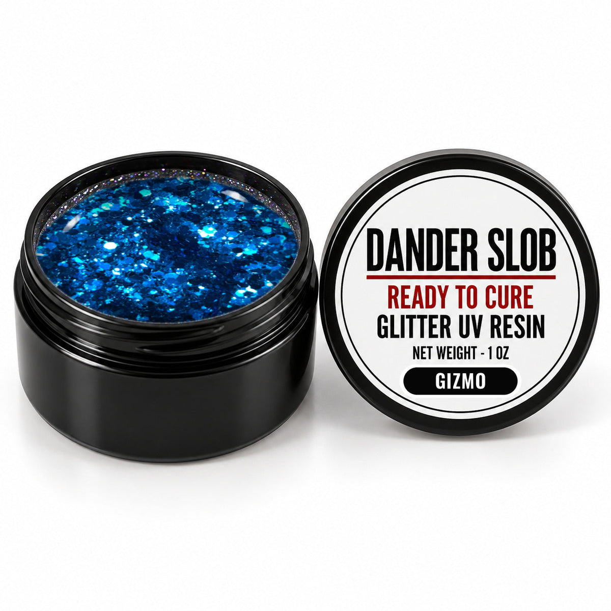 Craft Bully Dander Slob Gizmo glitter UV resin in a 1 oz black jar.