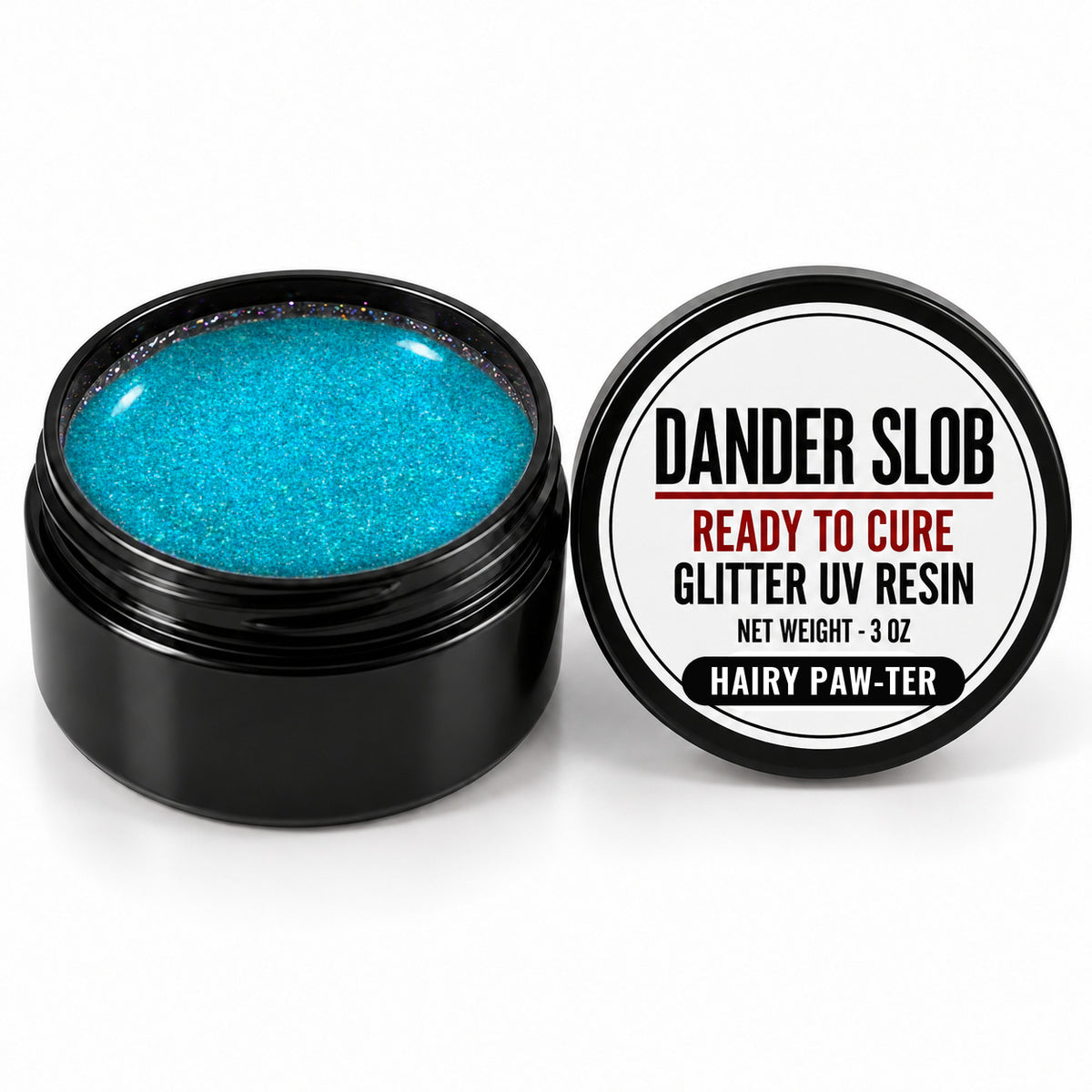 Craft Bully Dander Slob Hairy Paw-ter glitter UV resin in a 3 oz black jar.