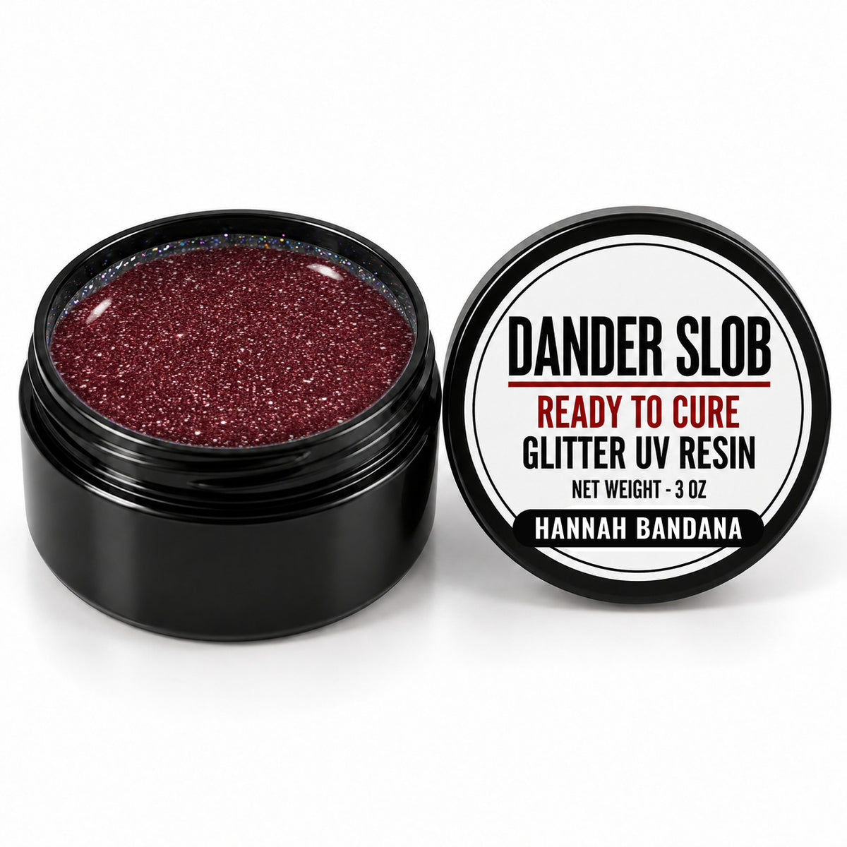 Craft Bully Dander Slob Hannah Bandana glitter UV resin in a 3 oz black jar.