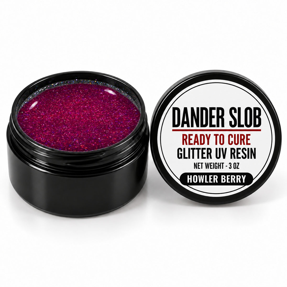 Craft Bully Dander Slob Howler Berry glitter UV resin in a 3 oz black jar.