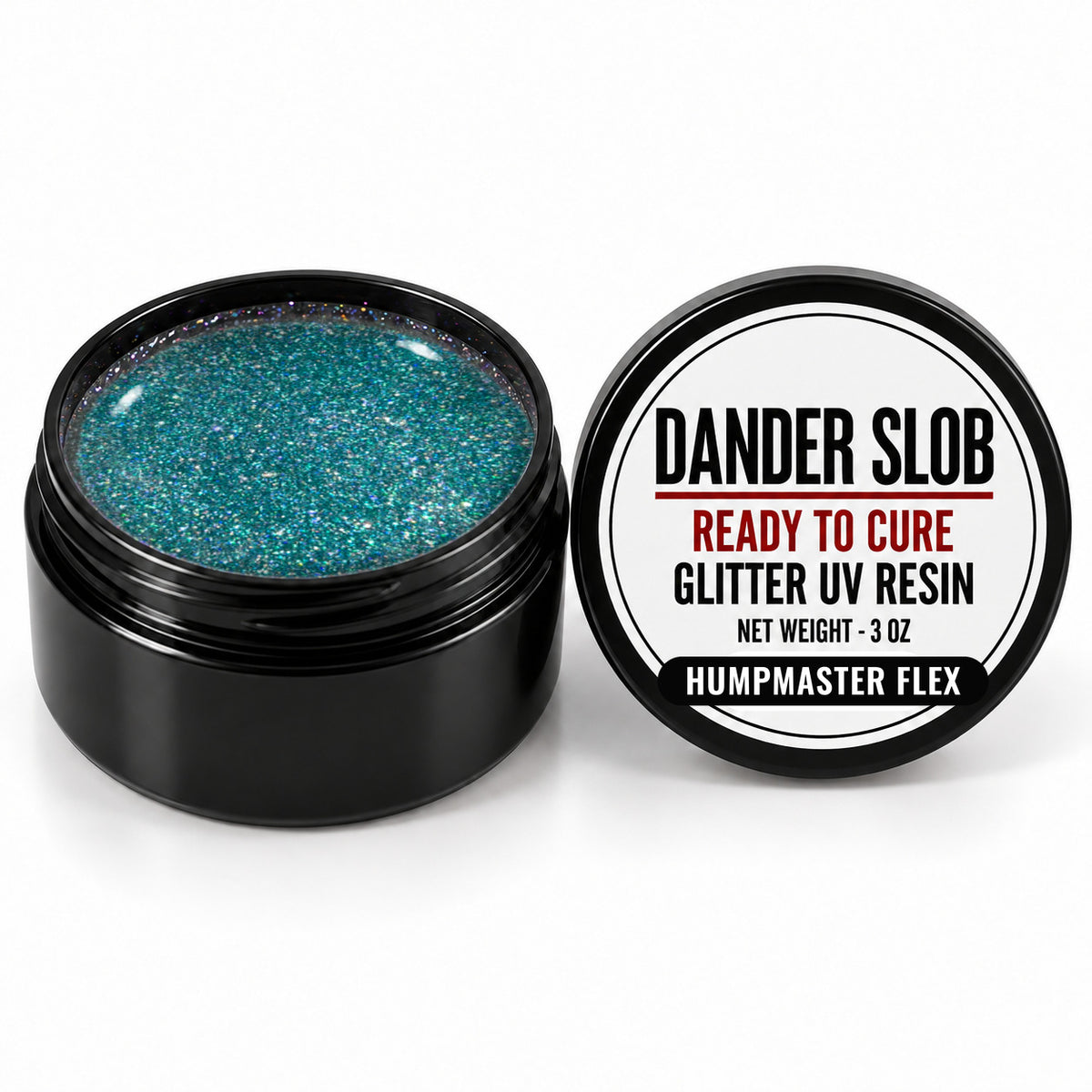 Craft Bully Dander Slob Humpmaster Flex glitter UV resin in a 3 oz black jar.
