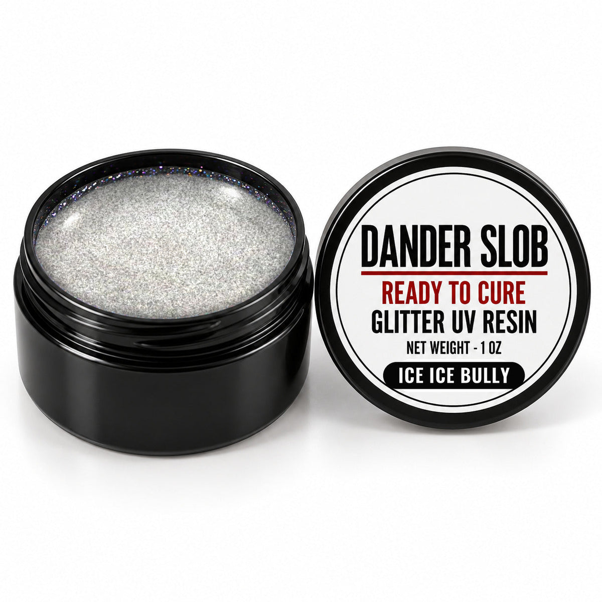 Craft Bully Dander Slob Ice Ice Bully glitter UV resin in a 1 oz black jar.