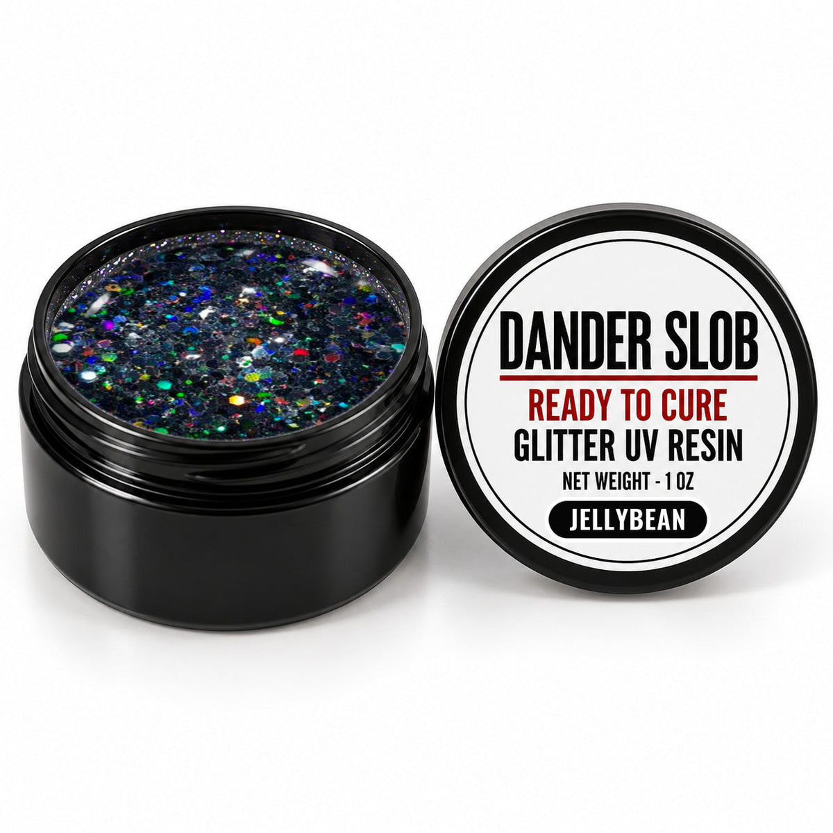 Craft Bully Dander Slob Jellybean glitter UV resin in a 1 oz black jar.