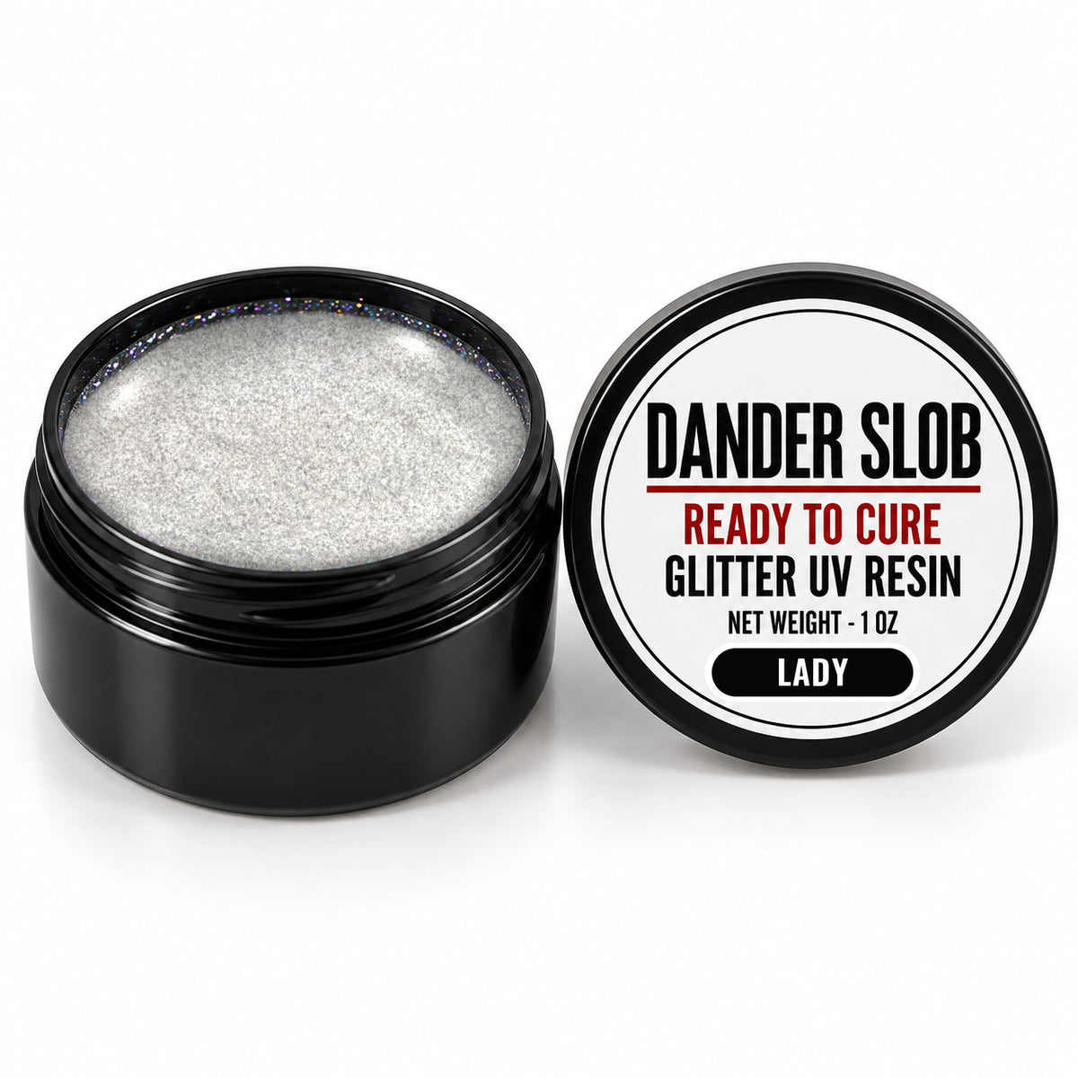Craft Bully Dander Slob Lady glitter UV resin in a 1 oz black jar.