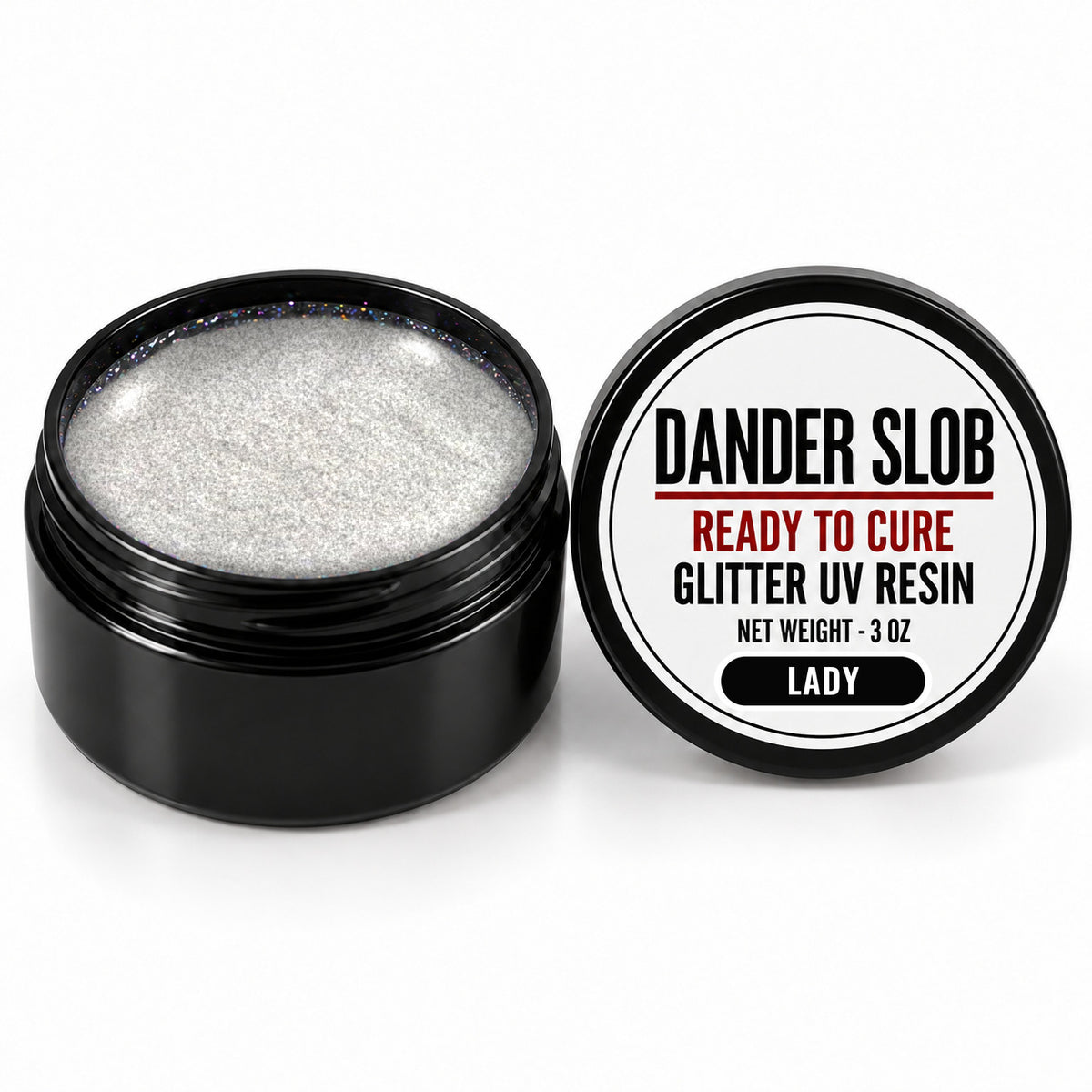 Craft Bully Dander Slob Lady glitter UV resin in a 3 oz black jar.