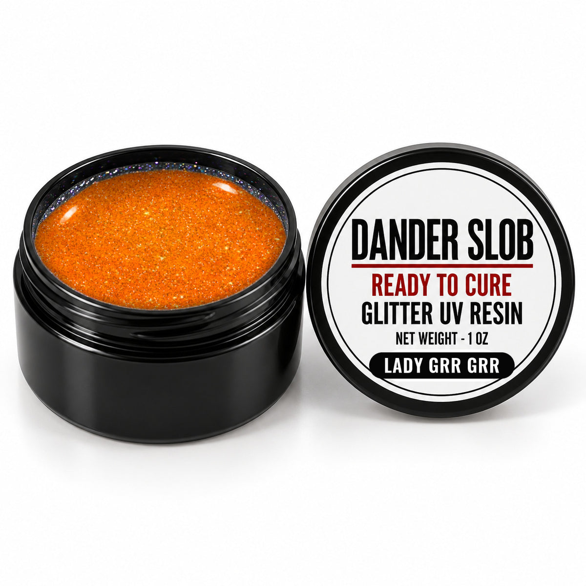 Craft Bully Dander Slob Lady Grr Grr glitter UV resin in a 1 oz black jar.