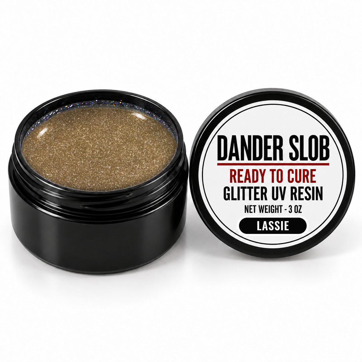 Craft Bully Dander Slob Lassie glitter UV resin in a 3 oz black jar.