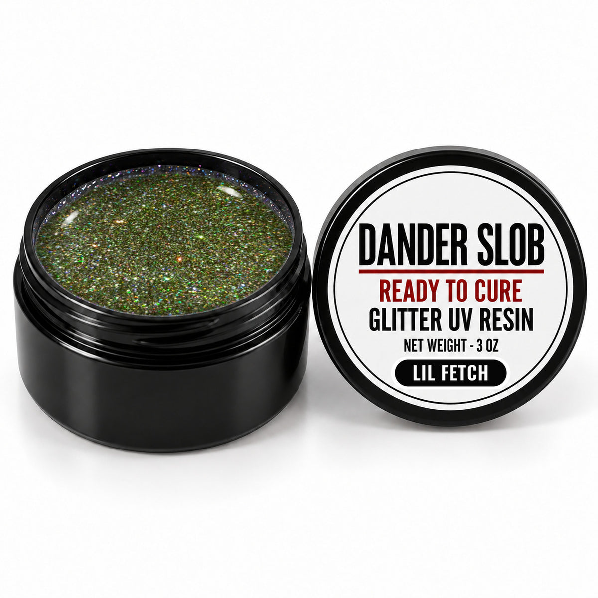 Craft Bully Dander Slob Lil Fetch glitter UV resin in a 3 oz black jar.