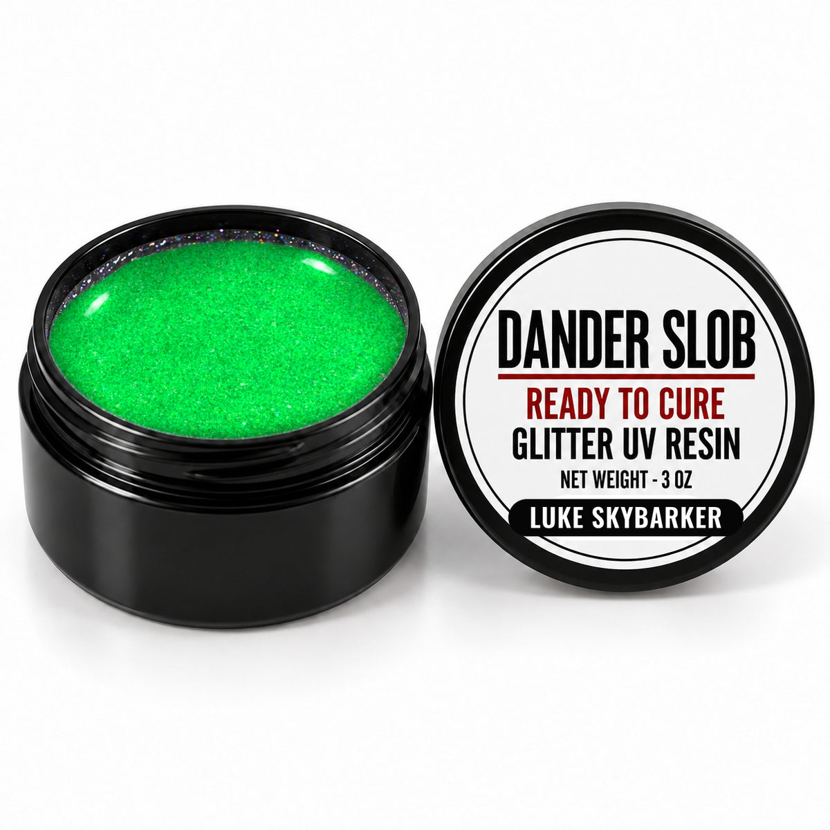 Craft Bully Dander Slob Luke Skybarker glitter UV resin in a 3 oz black jar.