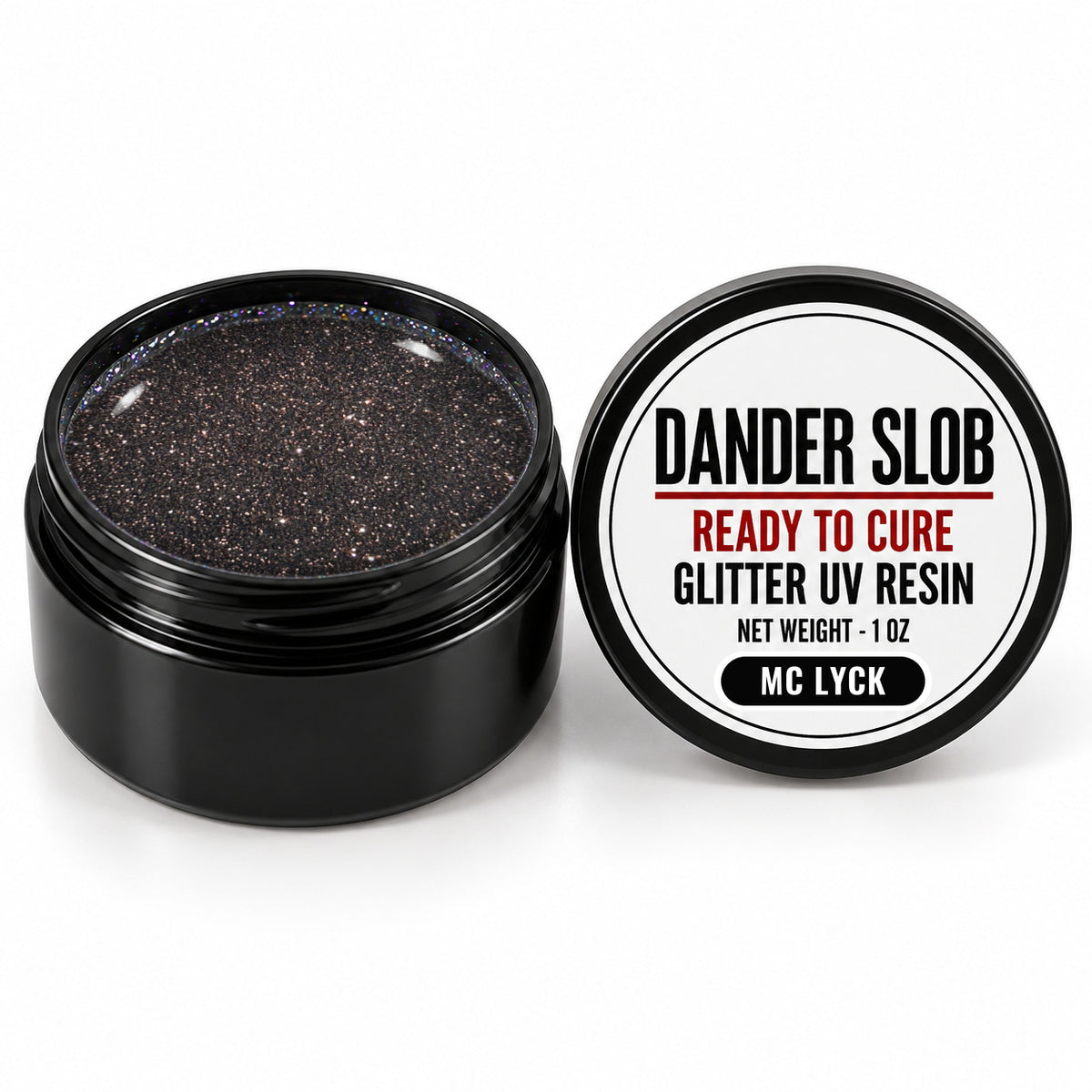 Craft Bully Dander Slob MC Lyck glitter UV resin in a 1 oz black jar.