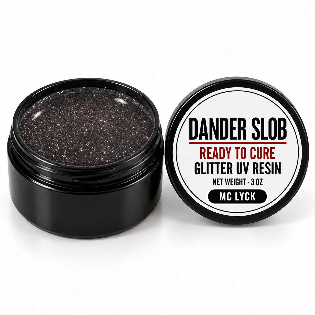 Craft Bully Dander Slob MC Lyck glitter UV resin in a 3 oz black jar.
