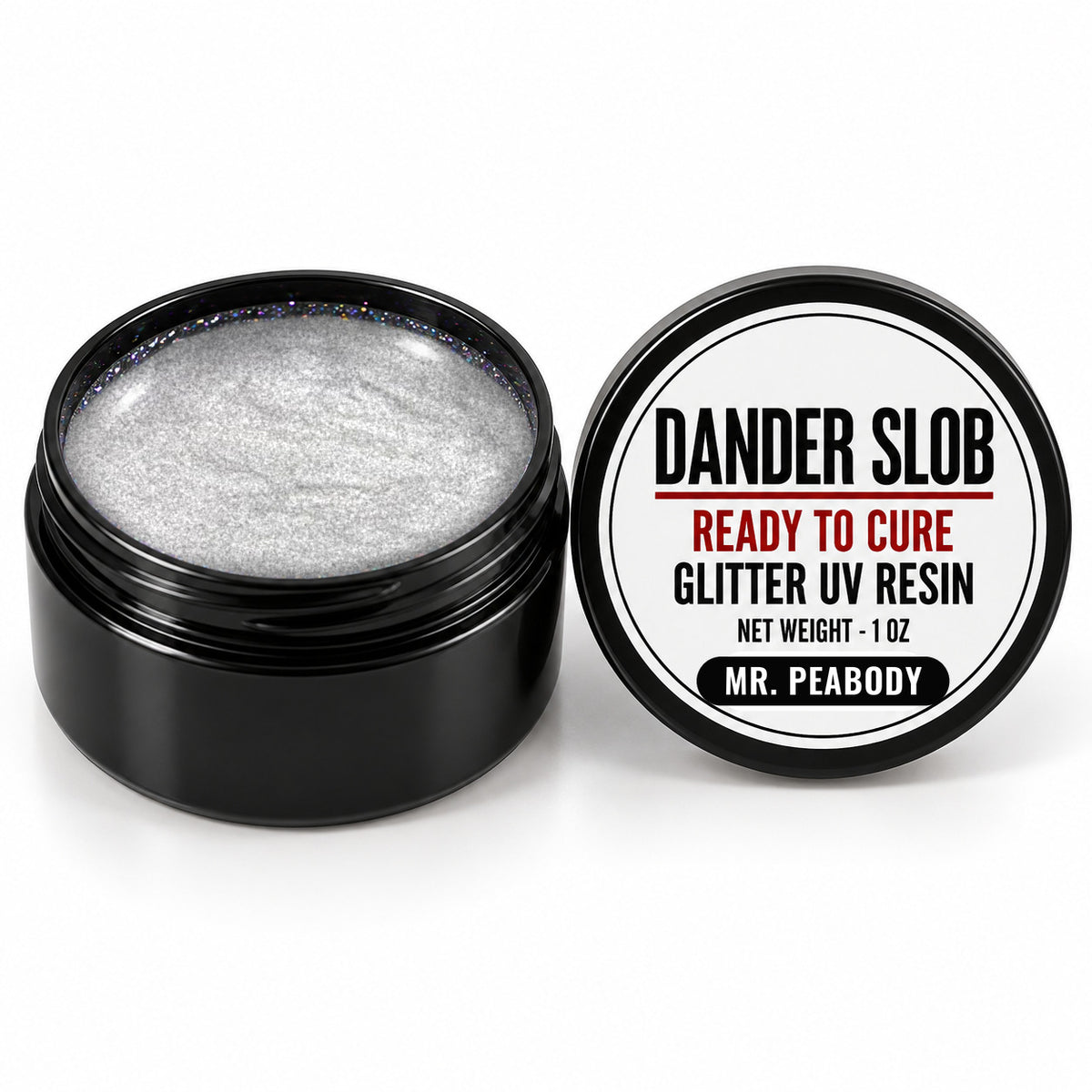 Craft Bully Dander Slob Mr. Peabody glitter UV resin in a 1 oz black jar.