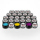 Craft Bully Dander Slob Mystery Slob 24 pack of 1 oz glitter UV resin jars, three open to show fine and chunky glitter.
