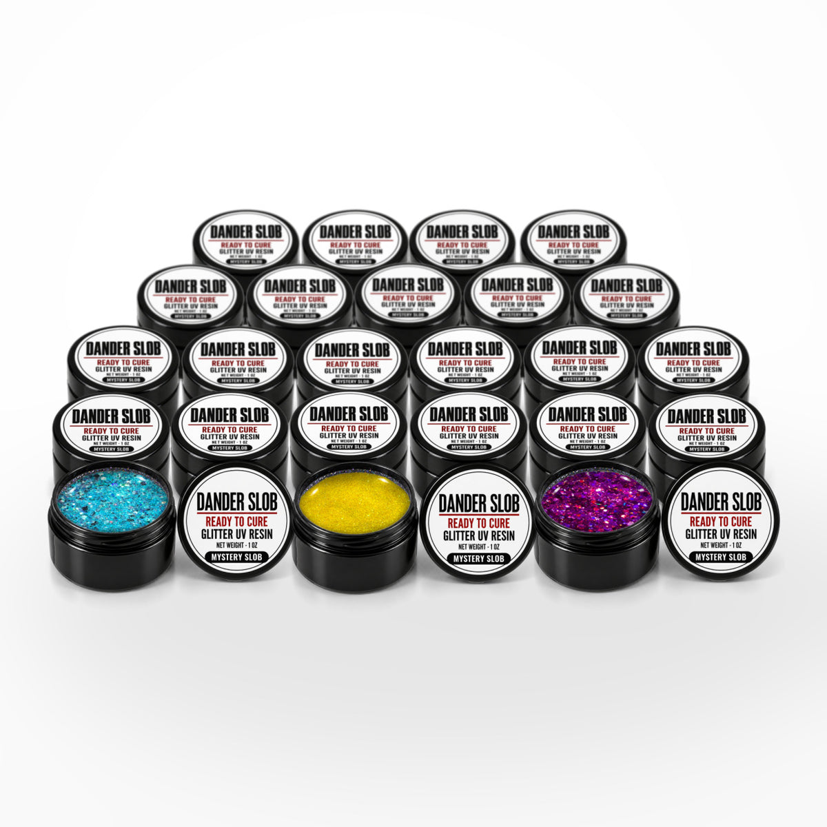 Craft Bully Dander Slob Mystery Slob 24 pack of 1 oz glitter UV resin jars, three open to show fine and chunky glitter.