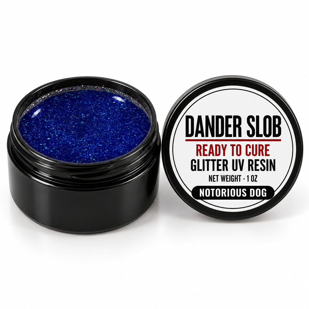 Craft Bully Dander Slob Notorious Dog glitter UV resin in a 1 oz black jar.